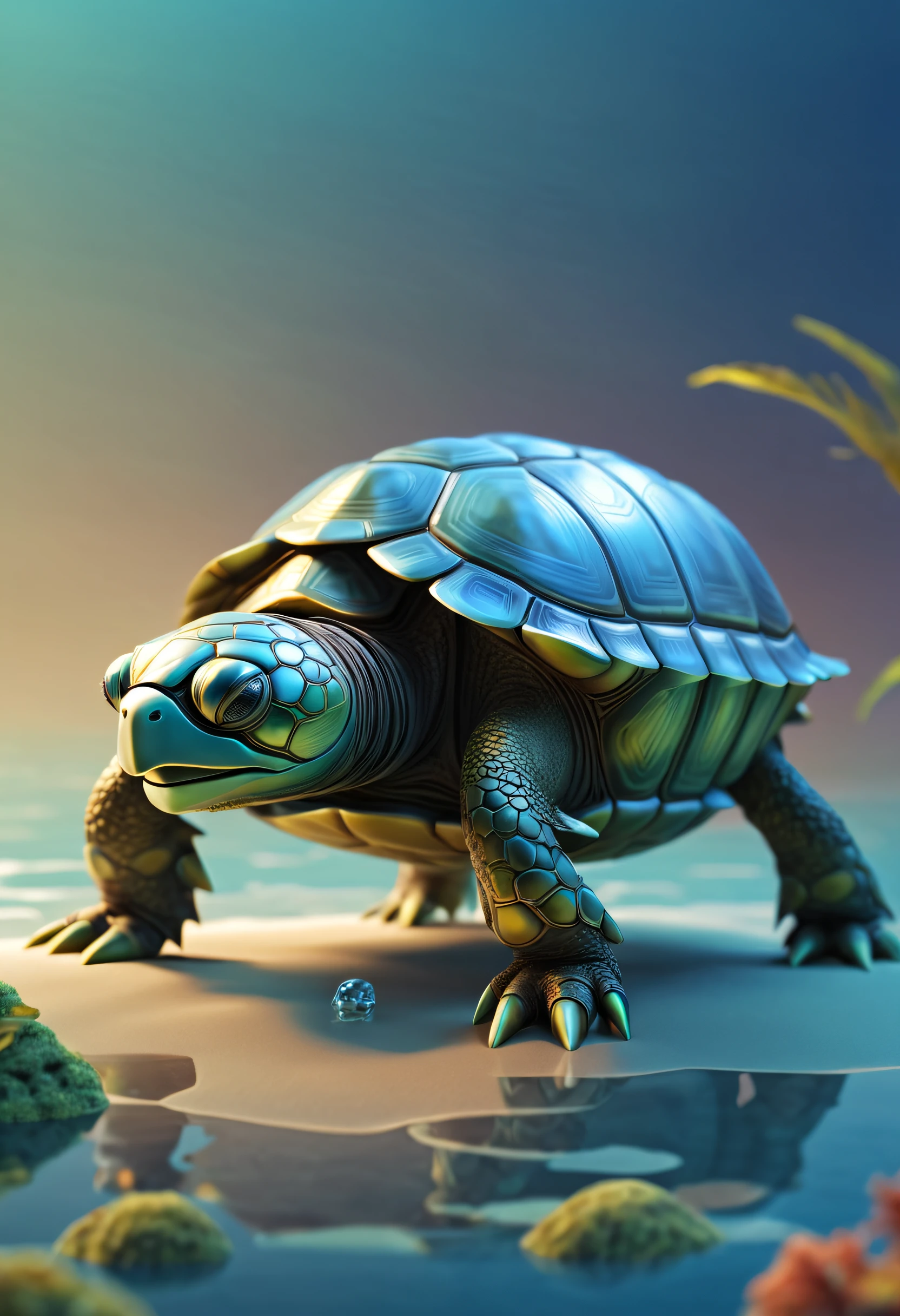 Big beetle in the sea,There are Chinese totems on the tortoise shell, future turtle, carapace, metal turtle, Mechanical Turtle Hero, as a sci-fi turtle, transparent carapace, standing turtle monster, Isometric 3d fantasy turtle, turtle shell, stylized 3d render