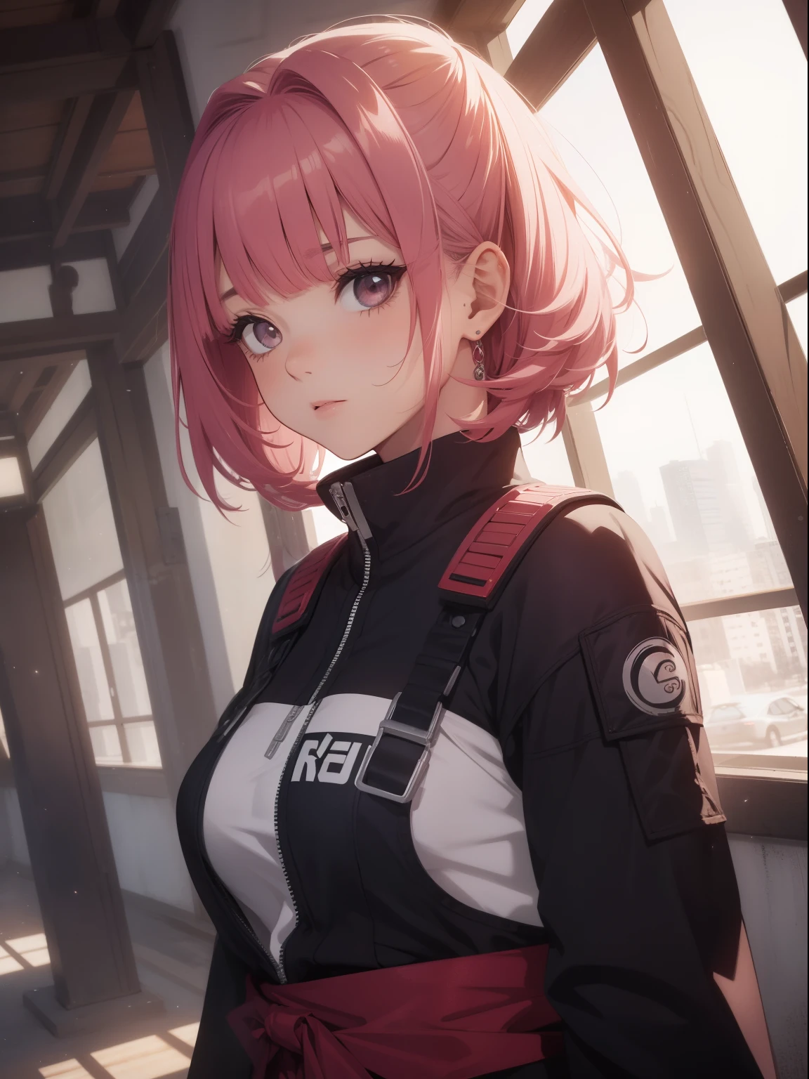 (Highest quality, 4K, 8k, High resolution, masterpiece:1.2), Very detailed, Picturesque, Anime style photo, Photo Anime:1.37)、Japanese、(Pink hair)、(pixie cut)、smile、Black choker、Camouflage jacket、open jacket、Camouflage 、whole body、Nakano Ichika