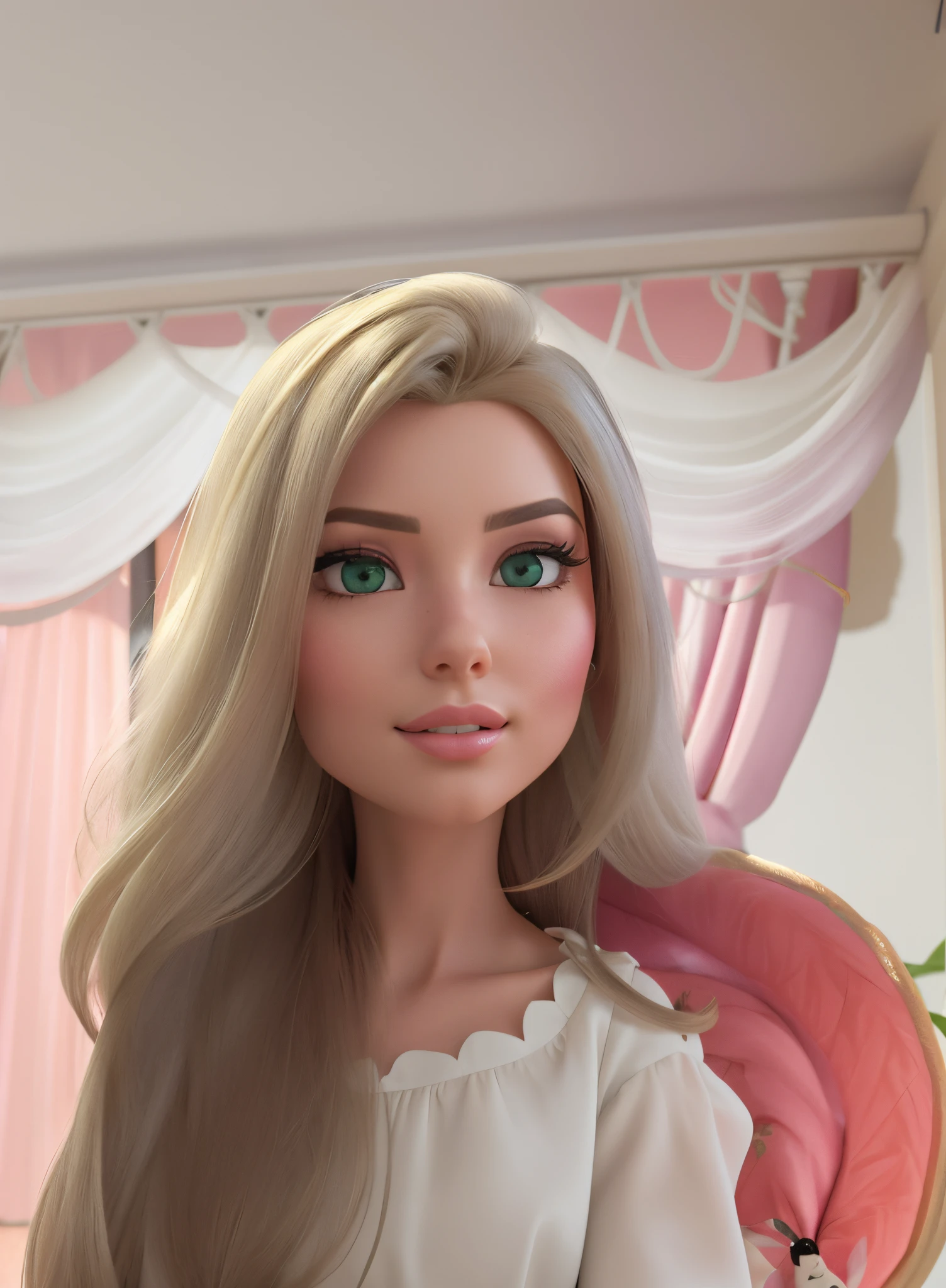 Araffe com longos cabelos loiros e olhos verdes em uma cadeira rosa, foto retrato suave 8 k, Estilo anime 3D realista, render de abril, anime barbie em branco, Disney fotorrealista, Personagem de close up, anime estilo 3d, Personagem 3d realista, estilo de arte realista, in style of disney animation, Anime Barbie em meias brancas