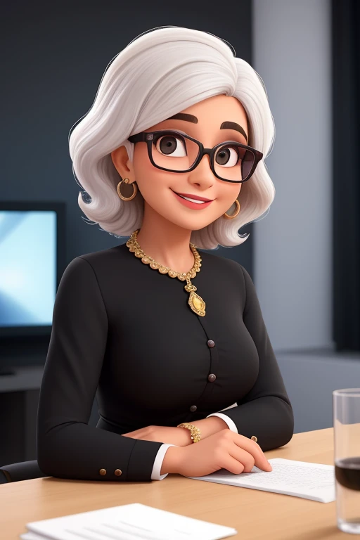 Uma mulher branca de 56 anos de idade, senhora, com cabelos negros compridos, Rosto alongado, rosto refinado com sorriso encantador, e olhos negros, wearing glasses. TV presenter looking at the camera