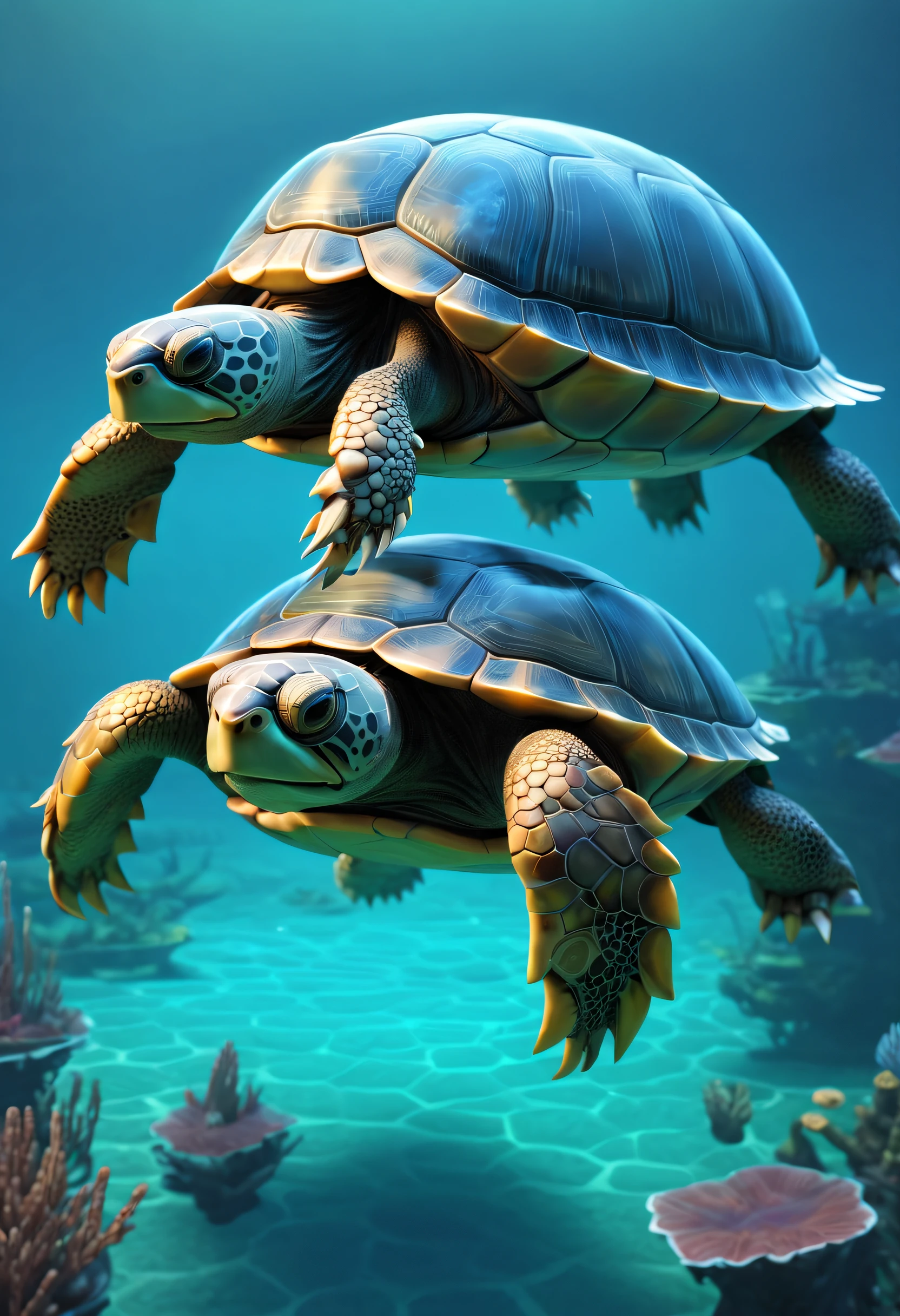 Big beetle in the sea,There are Chinese totems on the tortoise shell, future turtle, carapace, metal turtle, Mechanical Turtle Hero, as a sci-fi turtle, transparent carapace, standing turtle monster, Isometric 3d fantasy turtle, turtle shell, stylized 3d render