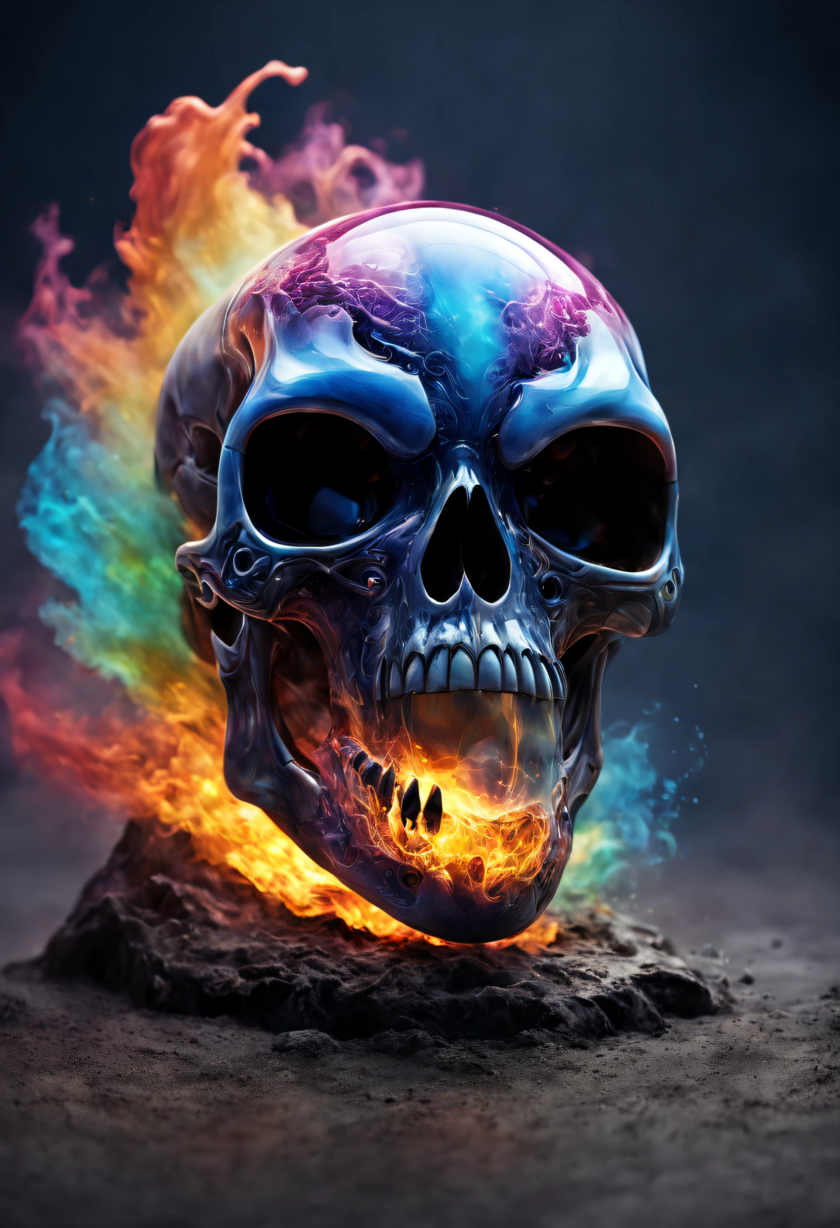 Head of a skull catching blue fire on top of a hand of bones