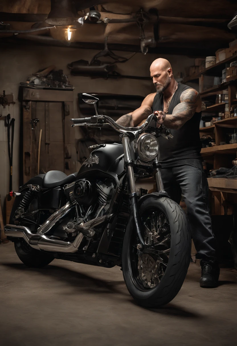 A photo of Reaper repairing and customizing his motorcycle in the garage,original,Jason “Reaper” Donovan was an imposing figure, standing at 6’5” with a muscular build, embodying the quintessential outlaw biker. His body was adorned with tattoos, each symbolizing a chapter of his turbulent life. A distinctive scar running down his left cheek and cold, piercing eyes added to his intimidating presence. Reaper’s rugged, weathered features spoke of a life lived on the edge, far removed from ordinary society.