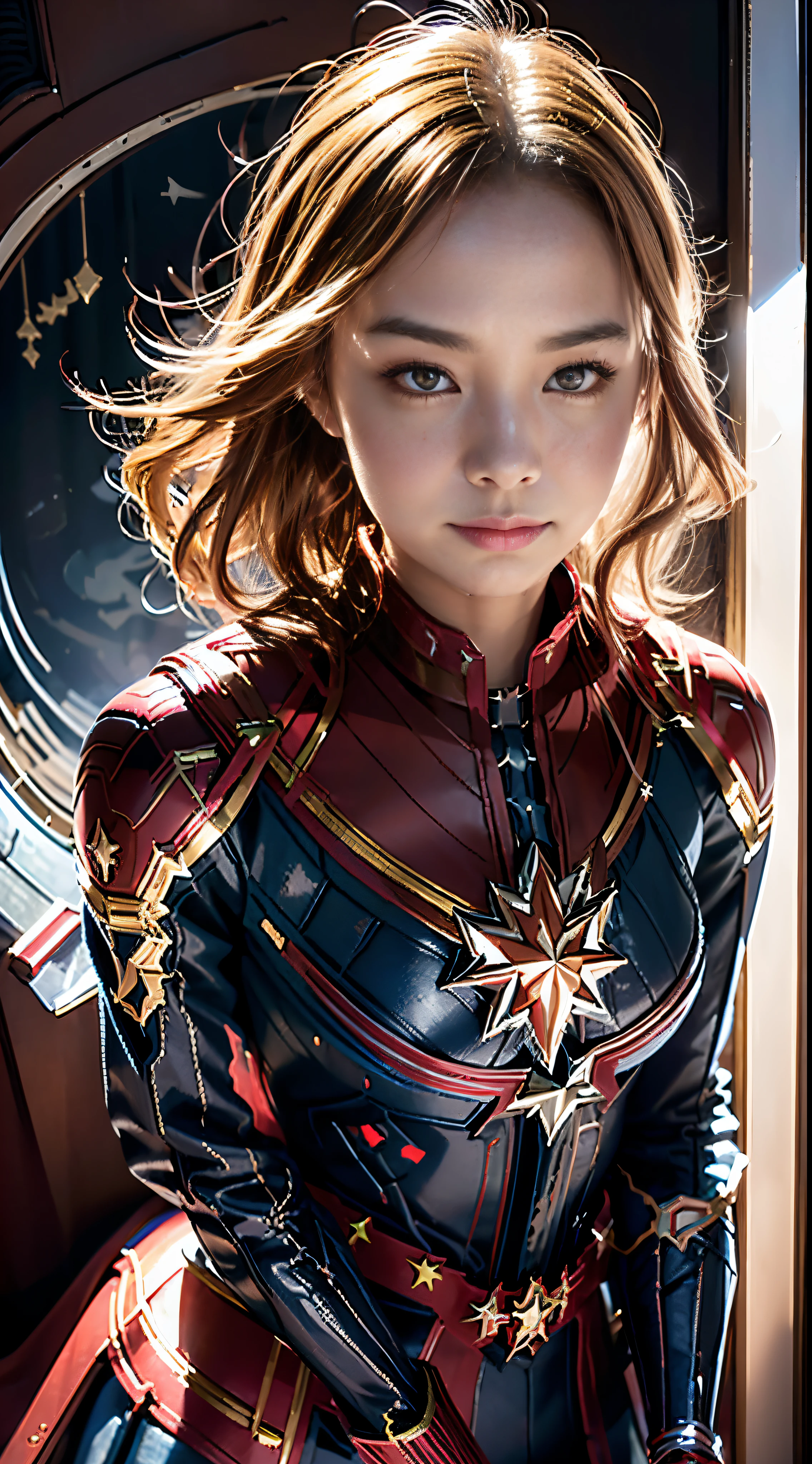 Anime girl posing in red and black leather costume , realist, ( ( Captain Marvel))、 biomechanical oppai,, fanart best artstation, artgerm style, Marked cat,