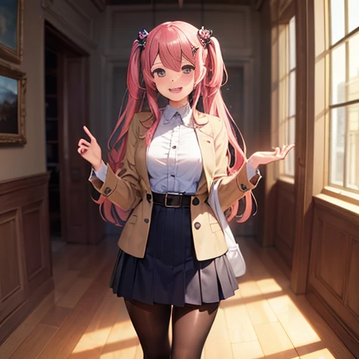 ((masterpiece:1.5)),((Finest quality)),(Ultra-high precision),8k picture, Top quality anime, Highest level of resolution, sharpness, laughing, two side up, tights ,biologically correct hand, cheerful, long hair, hair ornament, layered skirt, trench coat, halterneck