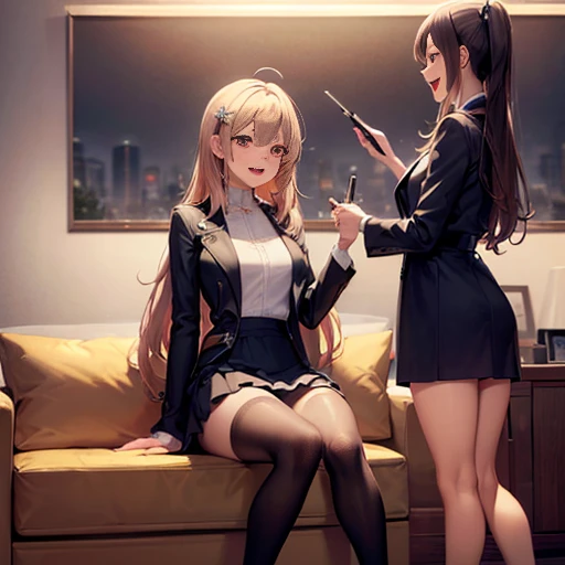 ((masterpiece:1.5)),((Finest quality)),(Ultra-high precision),8k picture, Top quality anime, Highest level of resolution, sharpness, laughing, two side up, tights ,biologically correct hand, cheerful, long hair, hair ornament, layered skirt, trench coat, halterneck