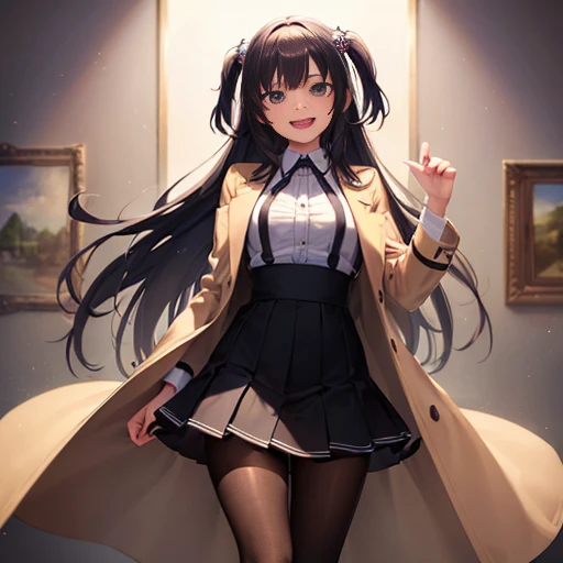((masterpiece:1.5)),((Finest quality)),(Ultra-high precision),8k picture, Top quality anime, Highest level of resolution, sharpness, laughing, two side up, tights ,biologically correct hand, cheerful, long hair, hair ornament, layered skirt, trench coat, halterneck
