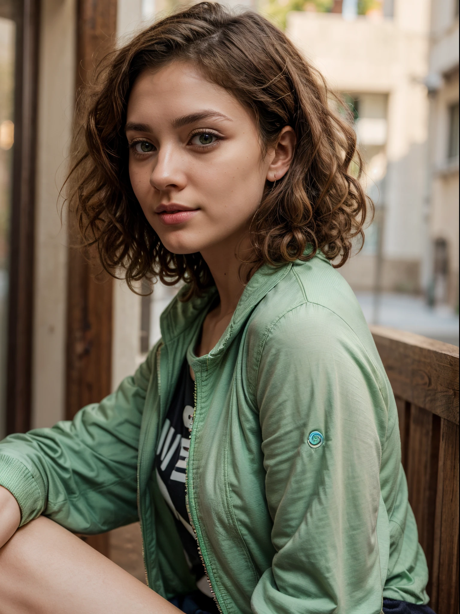 brown eyes, brown solid circle brown eyes, small nose,((((medium and curly hair)))),(medium hair), Mediterranean Caucasian girl, 30 years old, ultra-high resolution.fotorrealistic: 1.4, ((((Enara Aiza)))), highest quality, Ultra-detailed, Fine pores, hyper-realistic, natural pose,black shirt,white light,textured skin, super detail, best quality, UHD, 8k, 4K,medium curly hair,from side, side,green jacket, t-shirt,looking side, green jacket, normal expresion face,sitting,