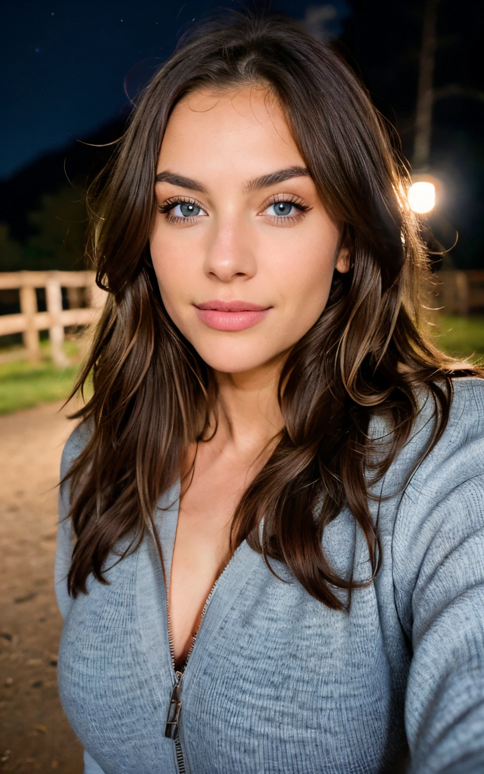 Selfie shot Beautiful brunette with blonde highlights wearing a selfie photo, upper body, solo, wearing pullover, outdoors, (night), mountains, real life nature, stars, moon, highly detailed, 22 years old, , boobs, innocent face, natural wavy hair, blue eyes, high resolution, Masterpiece, Best quality, Intricate high detail, Highly detailed, Sharp focus, Detailed skin, realistic skin texture, texture, detailed eyes, professional, 4k, charming smile, shot on Canon, 85mm, shallow depth of field, Kodak Vision Color, Perfect Fit Body , extremely detailed, photography_\(ultra\), Photorealistic, Realistic, Post-processing, maximum details, roughness, real life, ultra realistic, Photorealism, photography, 8k UHD, photography, busty