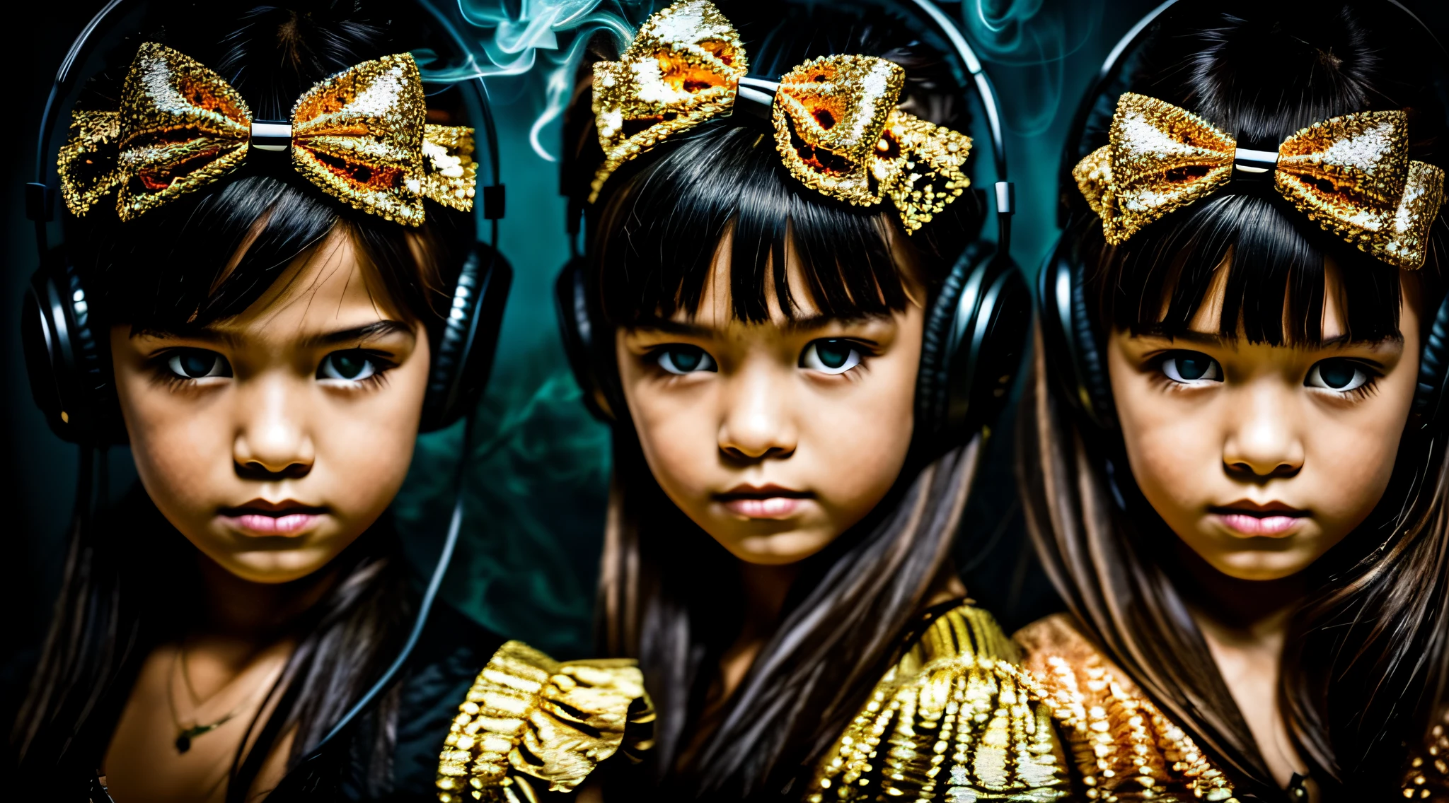 fundo preto.GOLD with bows on their heads AND HEADPHONES and one wearing a BLACK dress,GREEN Billowing smoke GREEN AND RED, portrait of twins twins,