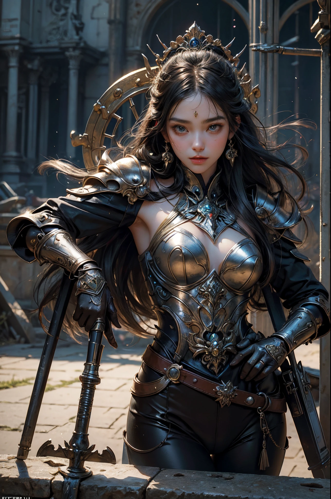 8K, ultra HD, very detailed, masterpiece, 1 girl, good face, dark eyes, dark lips, medium beasts, (detailed metal outfit:1.5), ( deviil golden outfit:1.5), waist, darkness, moon background, scary scenery,