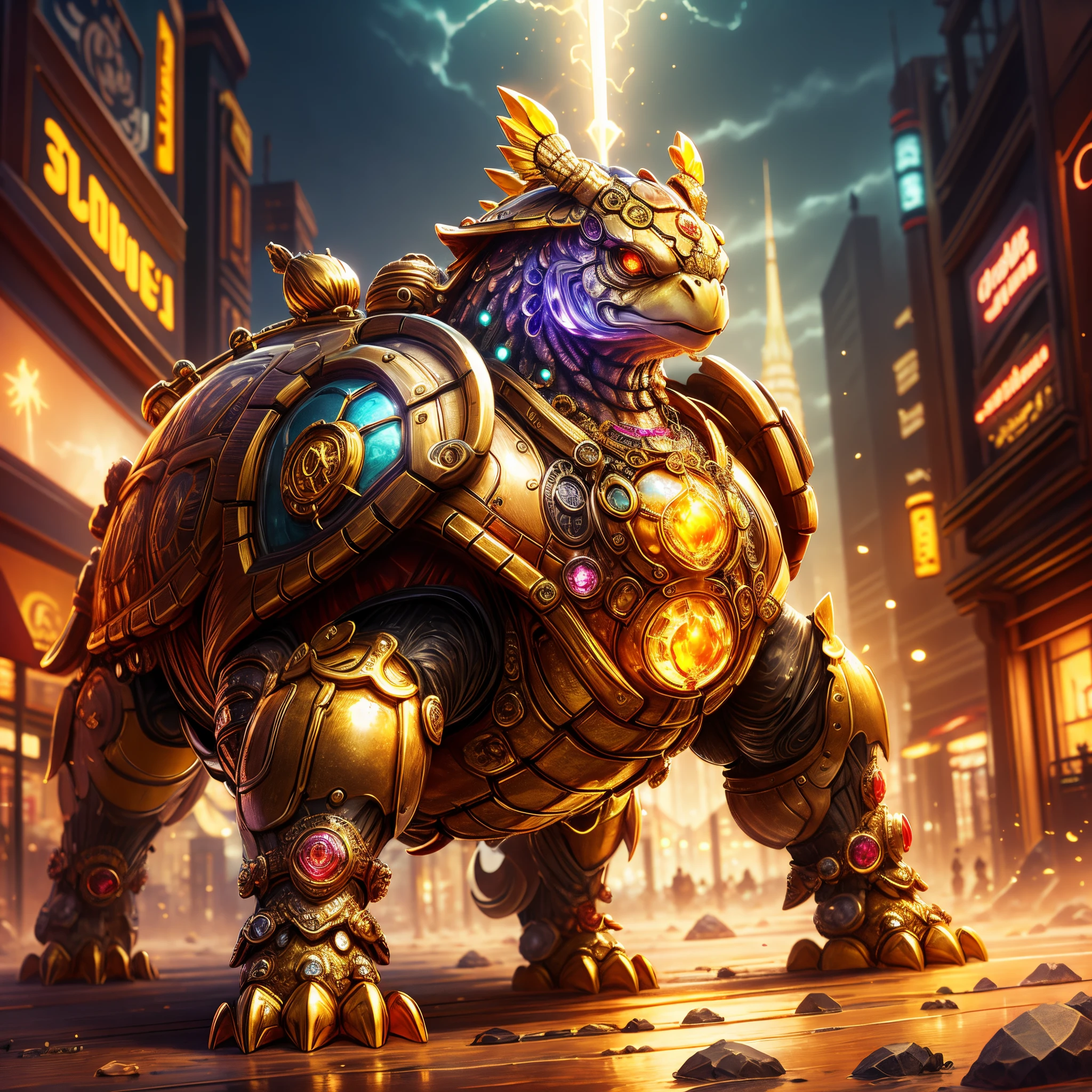 golden turtle，Set with a variety of gemstones，crystal，Steampunk city background