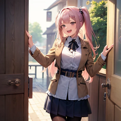 ((masterpiece:1.5)),((Finest quality)),(Ultra-high precision),8k picture, Top quality anime, Highest level of resolution, sharpness, laughing, two side up, tights ,biologically correct hand, cheerful, long hair, hair ornament, layered skirt, trench coat, halterneck, out door