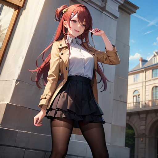 ((masterpiece:1.5)),((Finest quality)),(Ultra-high precision),8k picture, Top quality anime, Highest level of resolution, sharpness, laughing, two side up, tights ,biologically correct hand, cheerful, long hair, hair ornament, layered skirt, trench coat, halterneck, out door