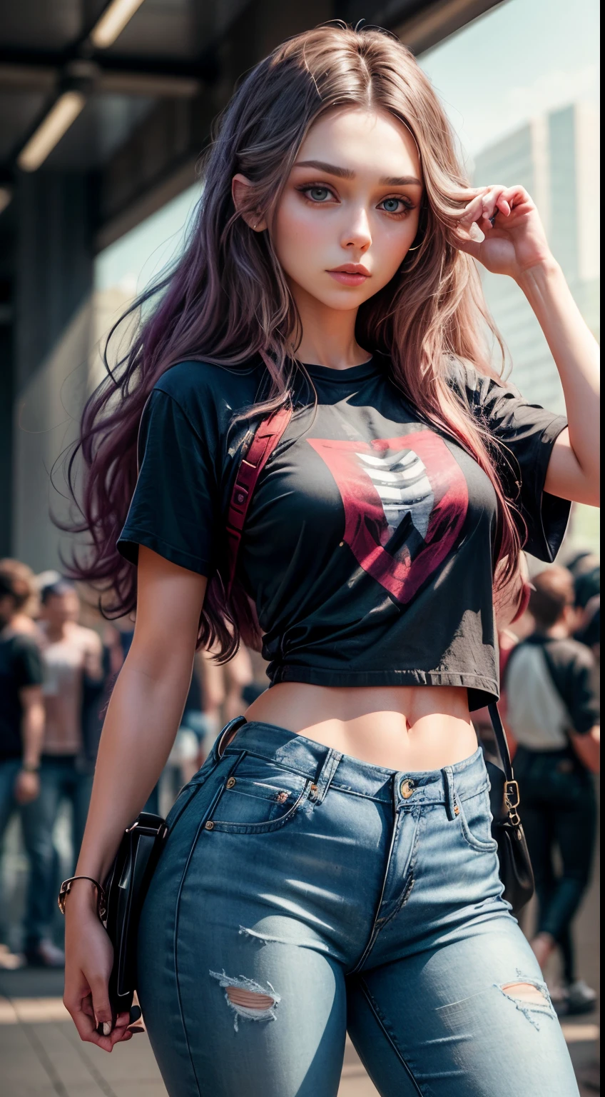 This description showcases a young Wanda, also known as Scarlet Witch, with a mesh 3D material skin. The motion 3D portrayal of Elizabeth Olsen brings life and movement to the character. Wanda is seen wearing a modern long  fashion t-shirt paired with jeans pants, displaying a trendy and casual style. Her fashionable outfit reflects her youthful and stylish personality. Additionally, Wanda can also be seen donning a  t-shirt, adding versatility to her wardrobe. Whether it's a modern t-shirt and jeans or a long-short t-shirt, Wanda Maximoff's fashion choices highlight her beauty and fashion-forwardness.