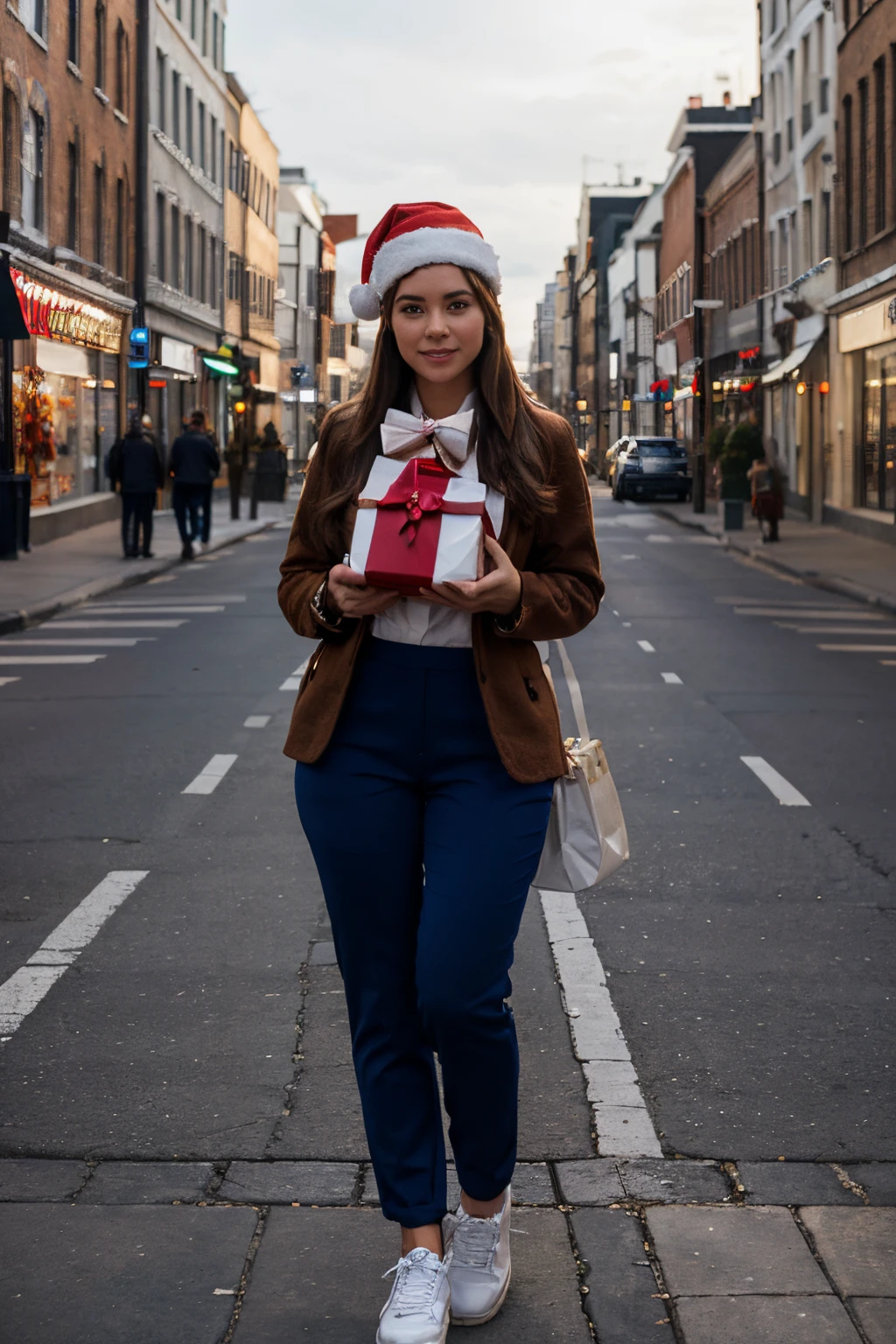 beautiful woman, full figure, wearing a santa hat, brown jacket, blue trousers, white shoes, full figure, holding a gift package with a bow in her hand, city street background