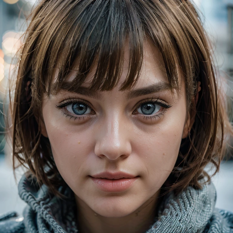 (realistic, photo-realistic:1.4),(8k, RAW photo, best quality, masterpiece:1.2), cute, ultra-detailed,heart-shaped pupils, physically-based rendering, ultra high res, kodakvision color, shot on Arricam LT Camera, bokeh, sharp focus, looking at viewer, photorealistic,realistic, solo, photorealistic, best quality,extremely detailed face,extremely detailed eyes and face, (blond girl,) clear eyes, beautiful detailed eyes,absurdres, incredibly absurdres,haunting smile,Messy hair, floating hair, round blue big eyes, clear big eyes, moist red lips, sweet, girl, Winter clothes, White headscarf, s lips, lipgloss:1.4，bangss,a closed mouth, The upper part of the body、big eye、Lashes、((Street))、((Shorthair with bangs:1.4