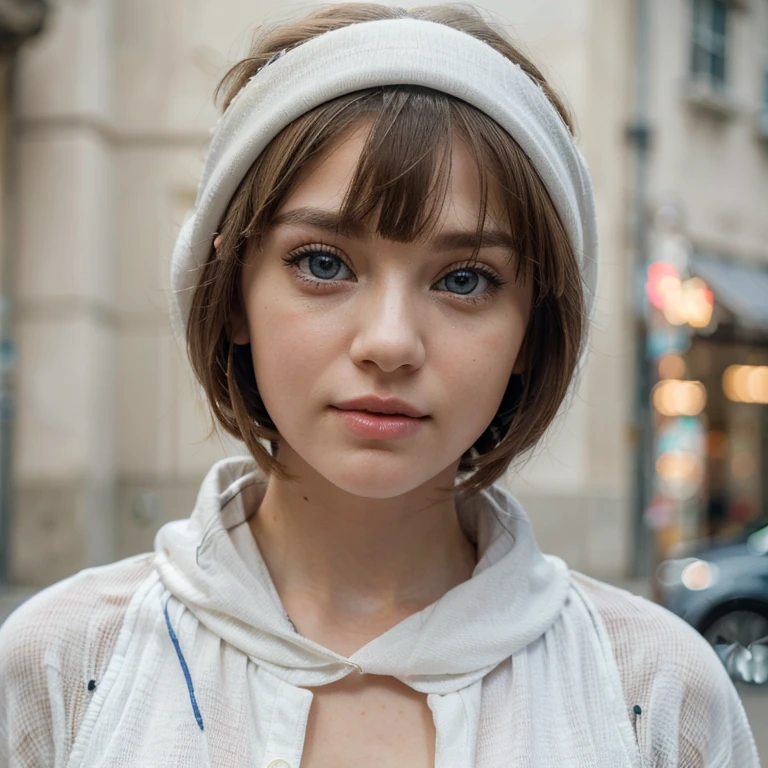(realistic, photo-realistic:1.4),(8k, RAW photo, best quality, masterpiece:1.2), cute, ultra-detailed,heart-shaped pupils, physically-based rendering, ultra high res, kodakvision color, shot on Arricam LT Camera, bokeh, sharp focus, looking at viewer, photorealistic,realistic, solo, photorealistic, best quality,extremely detailed face,extremely detailed eyes and face, (blond girl,) clear eyes, beautiful detailed eyes,absurdres, incredibly absurdres,haunting smile,Messy hair, floating hair, round blue big eyes, clear big eyes, moist red lips, sweet, girl, Winter clothes, White headscarf, s lips, lipgloss:1.4，bangss,a closed mouth, The upper part of the body、big eye、Lashes、((Street))、((Shorthair with bangs:1.4