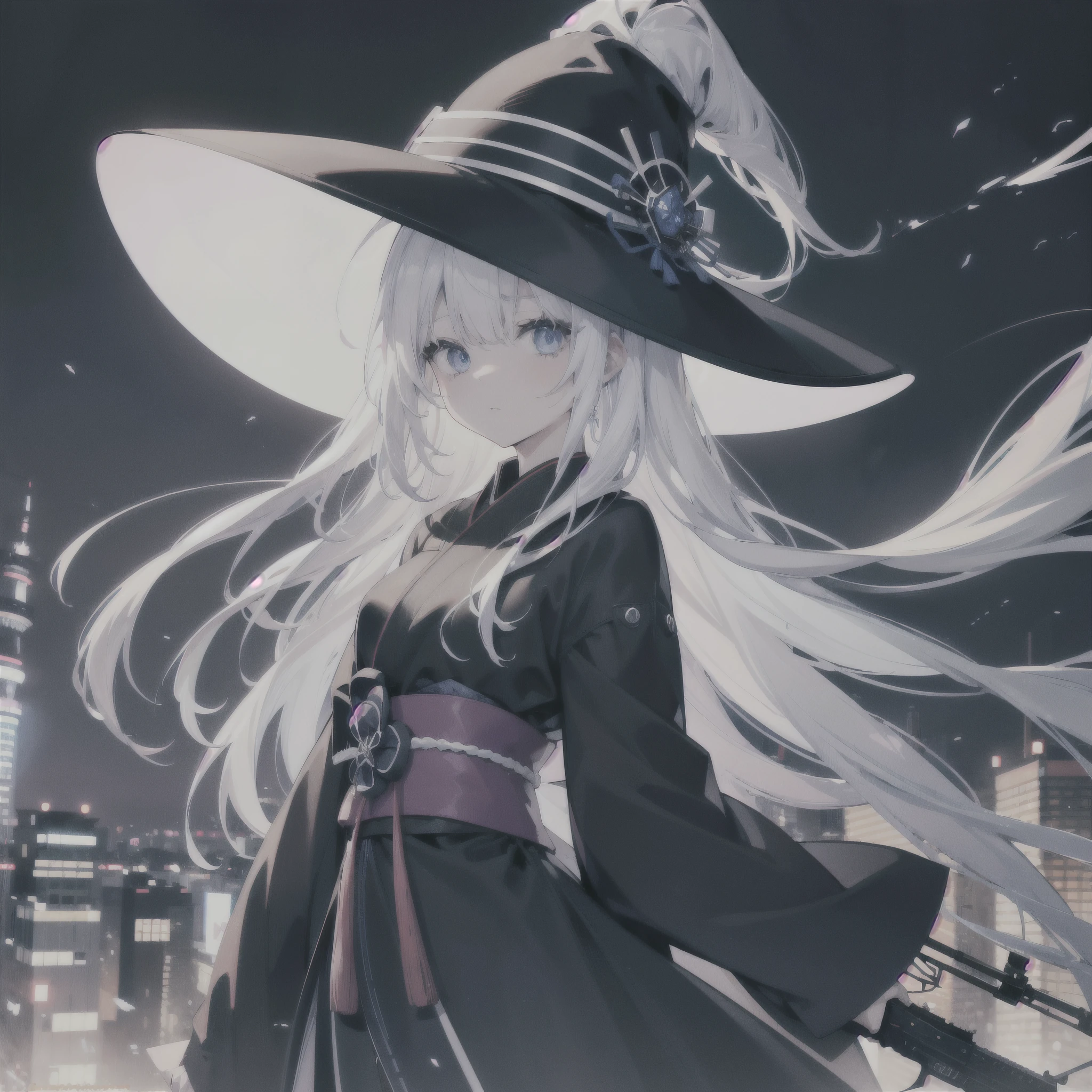 Tokyo at midnight、white haired adult woman、I have an assault rifle、He wears a large black witch hat with sapphire accessories、blue eyes、Two-dimensional illustration、Japan Anime、drawn by Japanese ilastrator、high-level image quality、4K picture quality、High Quality、hight resolution、5 million pixels、high détails、beatiful backgrounds