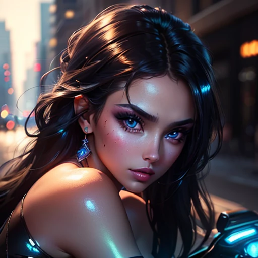((Ultra-Detailed, 8K, Face Close-Up, Masterpiece, Shiny Skin, Gorgeous Lighting)), 1Girl, Ilussion Look,
Rough City Background, Gorgeous Face And Beautiful serious lady makeup, Black Long Hairstyle,Accessories, Shiny Blue Glowing Eyes, Gorgeous Shoulder Length, ((Pinterest Trends, DeviantArt Trends, Instagram Trends,)), posing ,,sitting on a motorcycle,Minimalistic