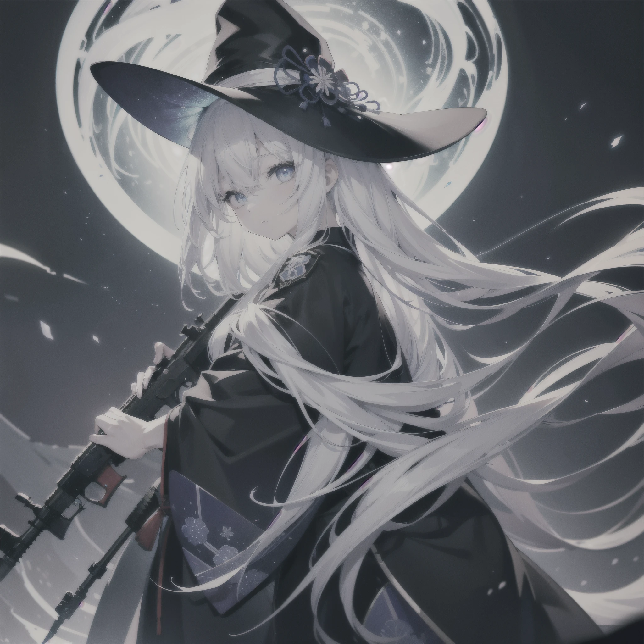 Tokyo at midnight、white haired adult woman、I have an assault rifle、He wears a large black witch hat with sapphire accessories、blue eyes、Two-dimensional illustration、Japan Anime、drawn by Japanese ilastrator、high-level image quality、4K picture quality、High Quality、hight resolution、5 million pixels、high détails、beatiful backgrounds
