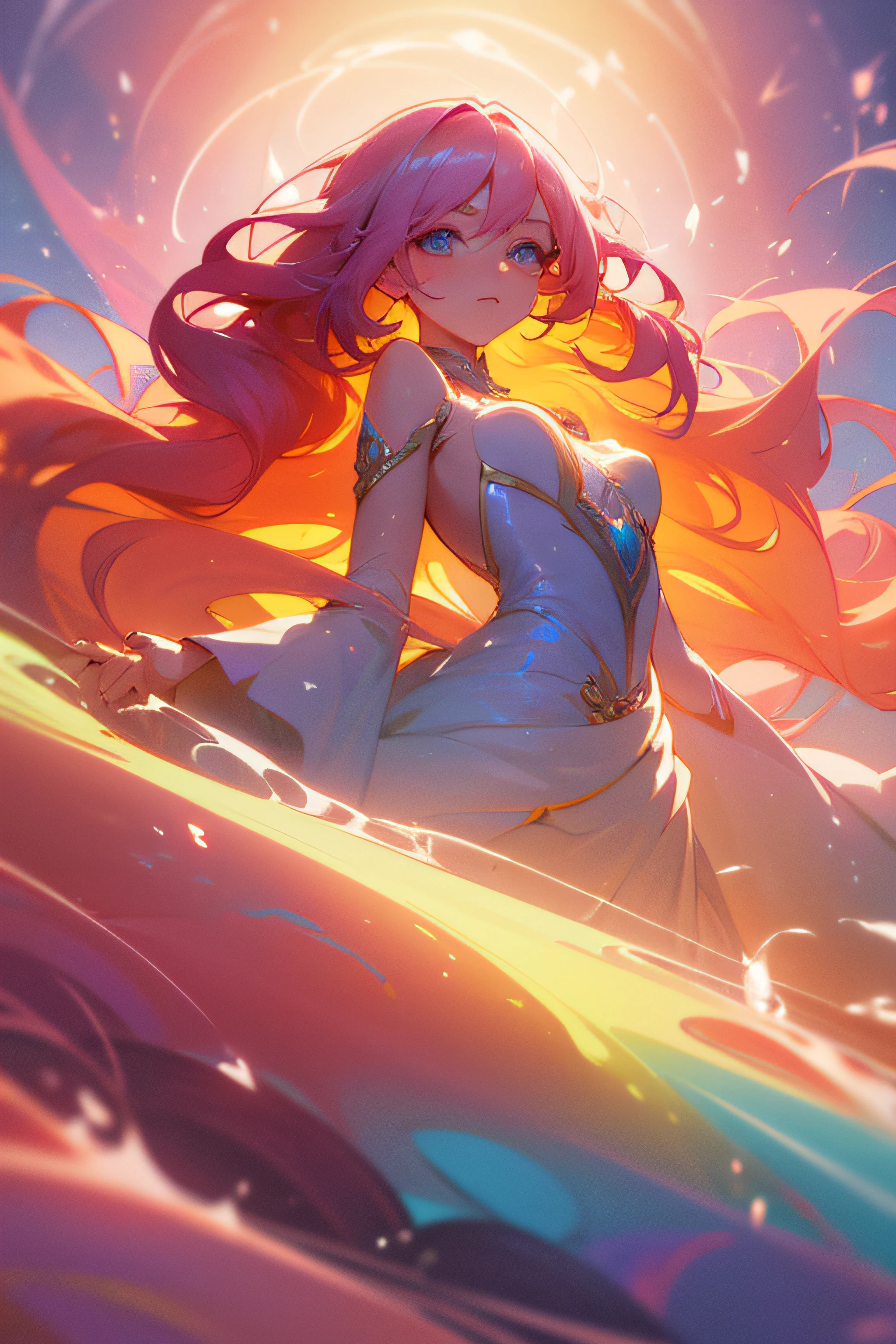 beautiful anime girl in colorful multi-layered ballgown, vibrant pastel colors, (colorful), magical lights, sparkling liquid light, colorful wavy hair, inspired by Glen Keane, inspired by Lois van Baarle, disney art style, by Lois van Baarle, glowing aura around her, by Glen Keane, jen bartel, glowing lights! digital painting, flowing glowing hair, glowing flowing hair, beautiful digital illustration, fantasia background, whimsical, magical, fantasy, beautiful face, ((masterpiece, best quality)), intricate details, highly detailed, sharp focus, 8k resolution, sparkling detailed eyes, liquid watercolor