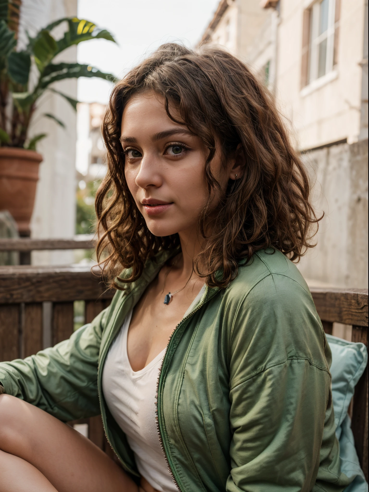 brown eyes, brown solid circle brown eyes, small nose,((((medium and curly hair)))),(medium hair), Mediterranean Caucasian girl, 30 years old, ultra-high resolution.fotorrealistic: 1.4, ((((Enara Aiza)))), highest quality, Ultra-detailed, Fine pores, hyper-realistic, natural pose,black shirt,white light,textured skin, super detail, best quality, UHD, 8k, 4K,medium curly hair,from side, side,green jacket, t-shirt,looking side, green jacket, normal expresion face,sitting,