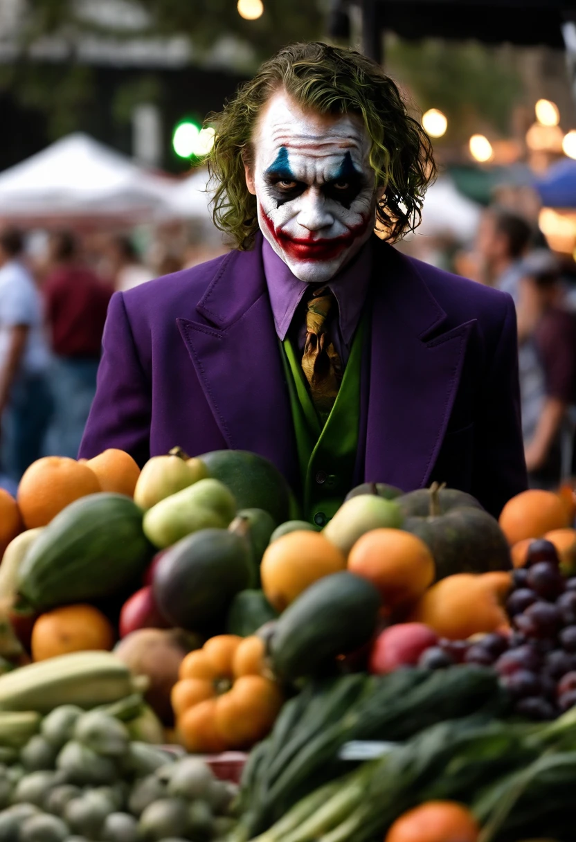 A photo of the Joker causing chaos at a local Gotham City farmers' market, throwing fruits and vegetables at terrified onlookers,The Dark Knight,Heath Ledger’s portrayal of the Joker in “The Dark Knight” is marked by his disheveled, greasy hair, smudged clown makeup, and a chilling, scarred smile that gives him a menacing and unpredictable appearance. His attire, a mismatched suit with a ragged purple coat, adds to his chaotic and anarchistic persona.