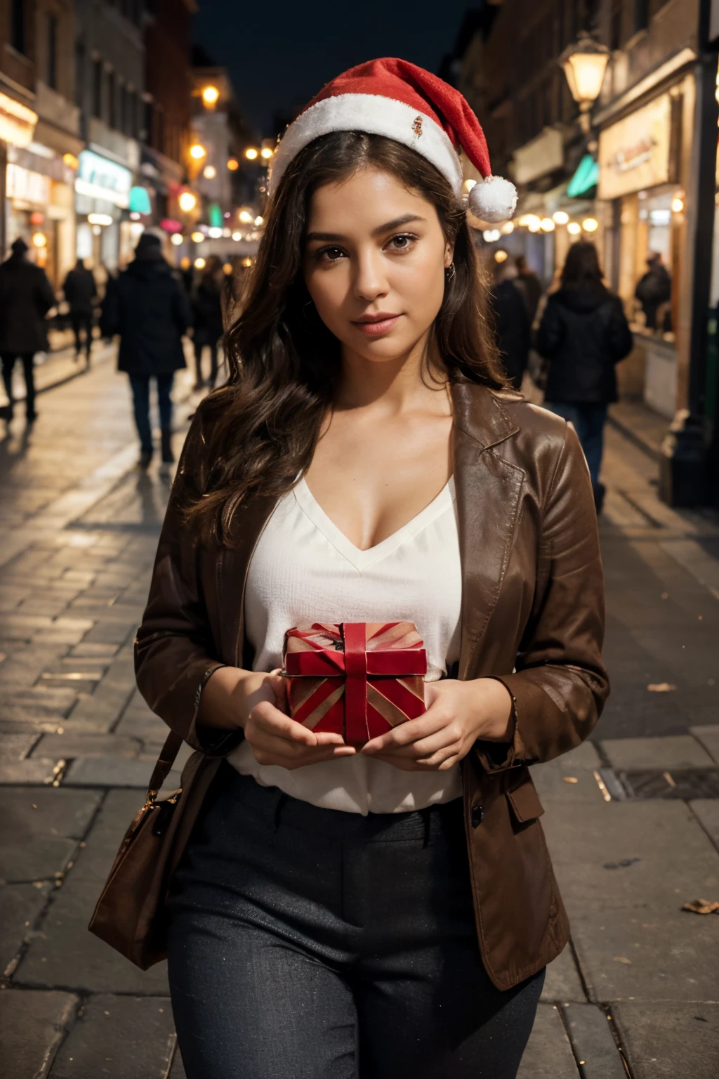 (best quality,4k,highres:1.2), ultra-detailed, realistic:1.37, HDR, studio lighting, extreme detail description, professional, vivid colors, bokeh, portraits, oil painting, soft and warm color tones, gentle lighting
A beautiful woman stands in the center of a city street, her full figure confidently displayed. She is wearing a charming Santa hat, which adds a touch of holiday spirit to the scene. Her outfit consists of a stylish brown jacket and comfortable blue trousers. Completing her ensemble, she wears a pair of elegant white shoes.
In her hand, she holds a delicately wrapped gift package adorned with a festive bow. The package is a symbol of the joy and generosity of the holiday season. The woman's gaze is warm and inviting, capturing the attention of anyone who passes by.
The city street background sets the scene, with its bustling atmosphere and vibrant energy. The buildings and pavement create a dynamic backdrop, showcasing the urban environment. The soft and warm color tones of the oil painting-style add depth and richness to the image.
The lighting emphasizes the woman's features, casting a gentle glow on her face. The details of her eyes, lips, and facial expression are exquisitely rendered, capturing her beauty and the emotion she radiates. The high-quality rendering technique ensures every texture and shadow is meticulously depicted, enhancing the sense of realism.
The portrait of this beautiful woman in the city street exudes both elegance and a hint of holiday cheer. The overall composition is balanced and visually pleasing, making it a masterpiece that captures the viewers' attention.