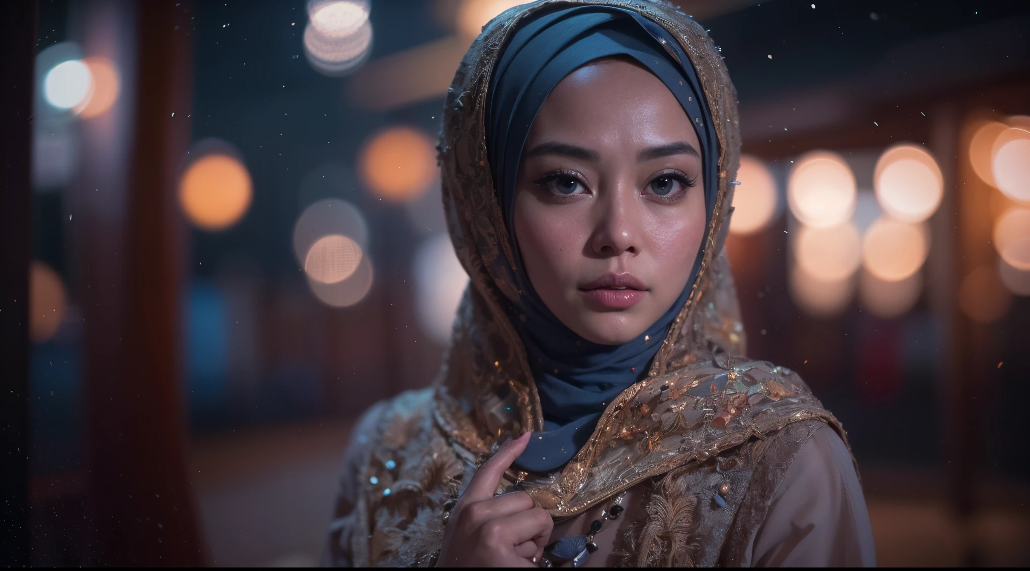 1 matured malay girl in hijab wear kebaya, china traditional temple street, nighttime, professional lighting, upper body,close-up, seducing, sexy pose, (8k, RAW photo, best quality, masterpiece:1.2),(realistic, photo-realistic:1.37), 8k, high quality, ultra detail, 35mm lens, Extreme close-up, pastel color grading, depth of field cinematography effect, film noir genre, 8k resolution, high quality, ultra detail,