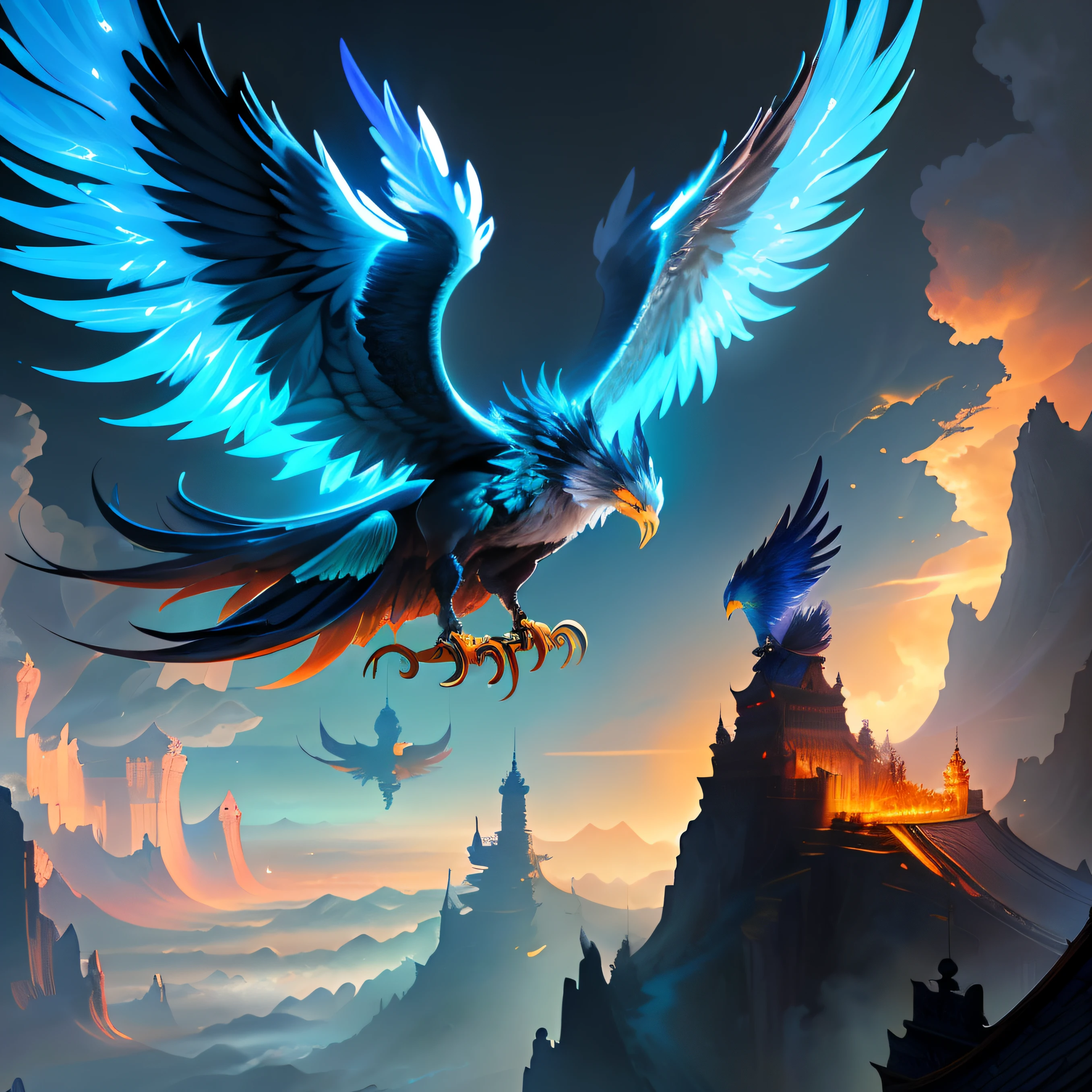 There are glowing phoenixes sitting on plane trees，Auspicious clouds，Chinese mythology，An epic ancient fantasy，16K ，high high quality，realisticlying，tmasterpiece，winning artwork，high definition resolution，