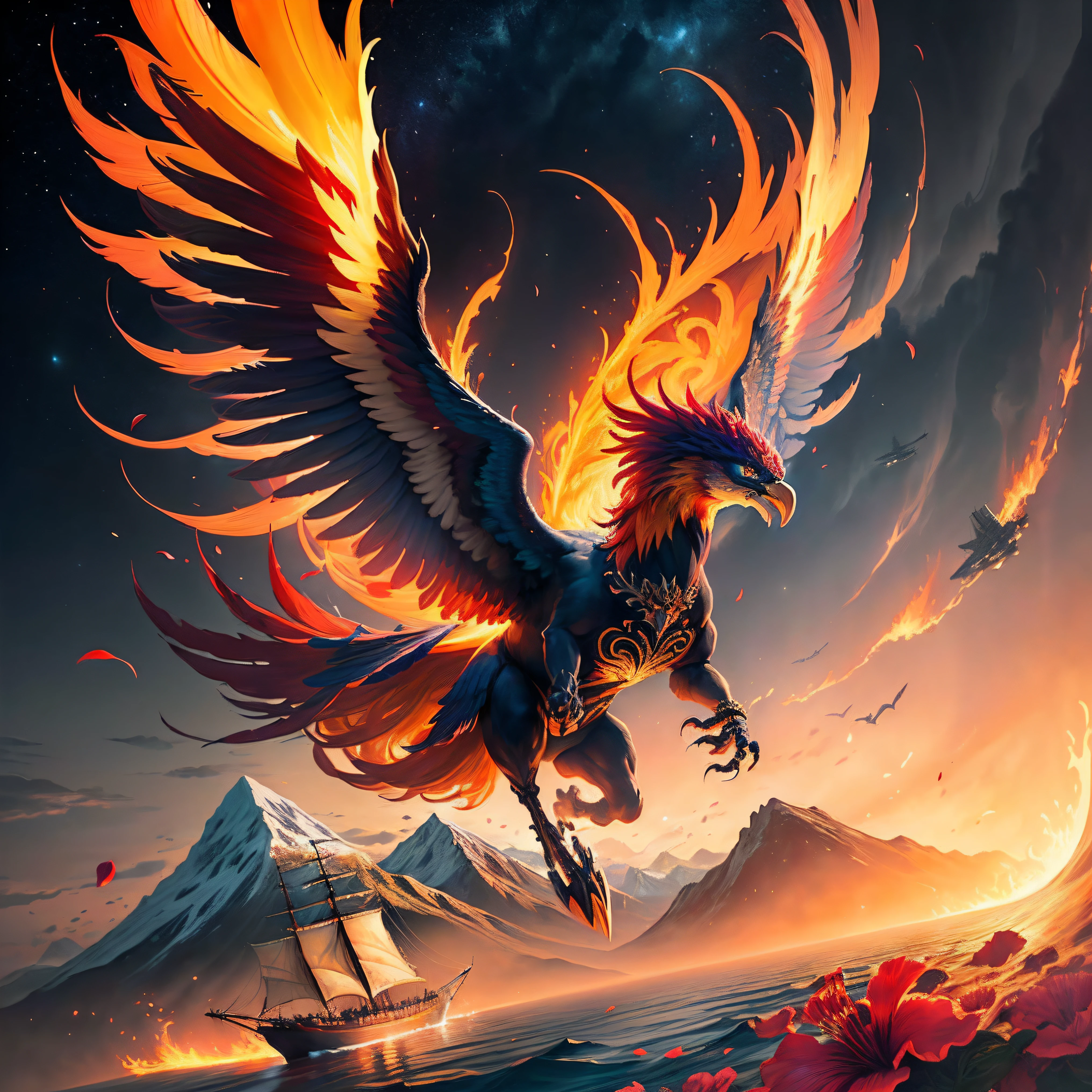 intricate illustration of a powerful Phoenix in mid-flight, its wings outstretched and vibrant flames trailing behind it. The Phoenix is surrounded by hibiscus flowers in full bloom, their petals rich shades of red and orange, symbolizing the fiery essence with mountains and ships in the background