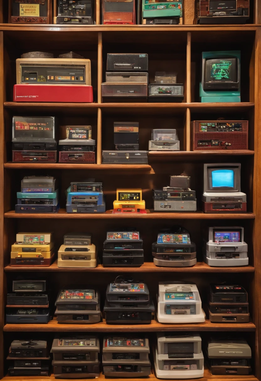 A photo of a meticulously organized collection of vintage video games and gaming consoles on display,The Big Bang Theory TV Show,Sheldon Cooper