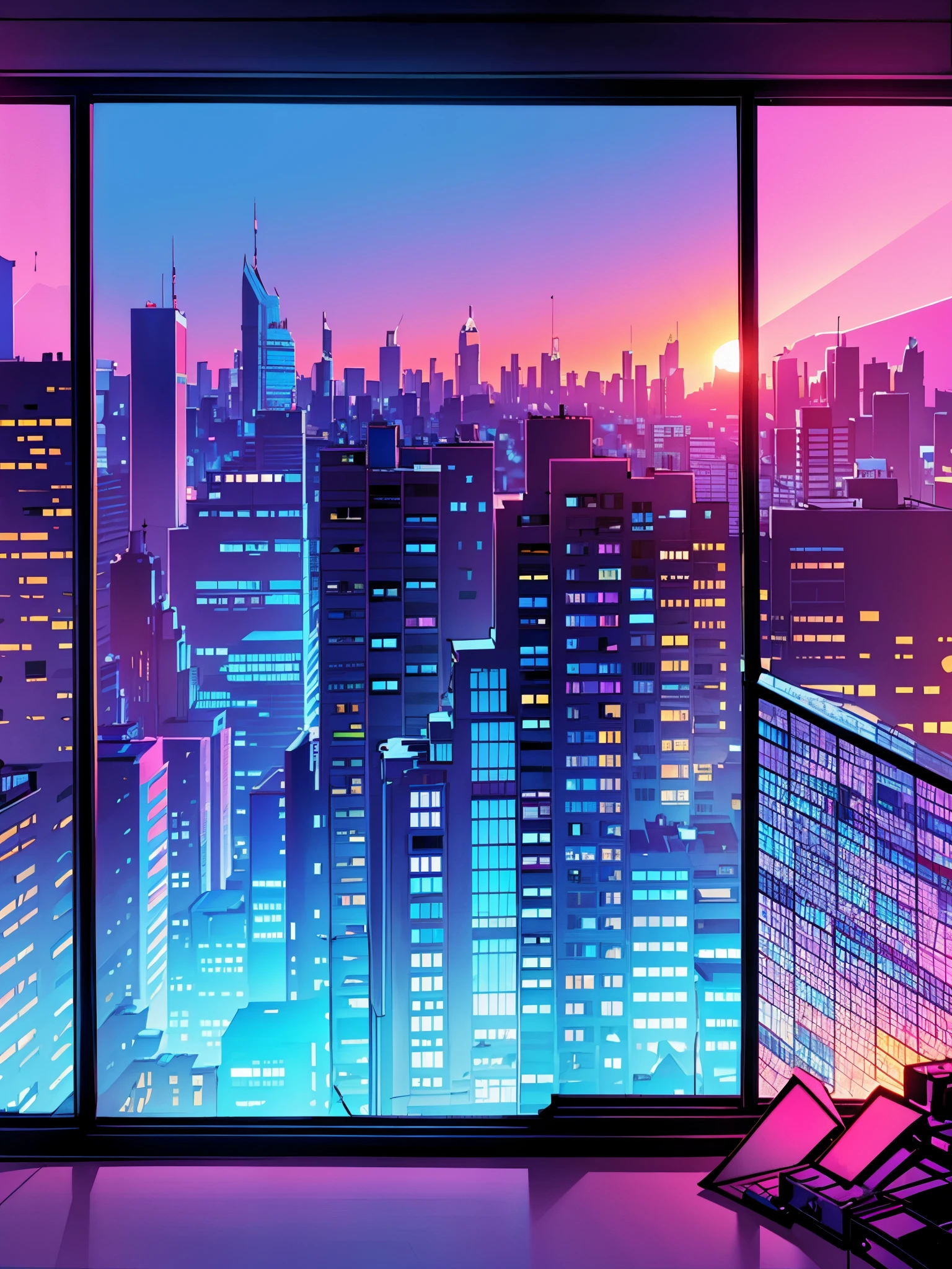 View from the penthouse window to the colorful city, City sunset, The city, sunset night, Sunrise background, City twilight landscape, 4 k hd illustrative wallpaper, [ Synthwave style 4K ]!!, Иллюстрация обоев 4 K HD, neon landscape, Synthwave City, Neon City in the background, vaporwave city, A colorful city, View of the city from the window, pink and yellow shades, Delicate colors, Drawing