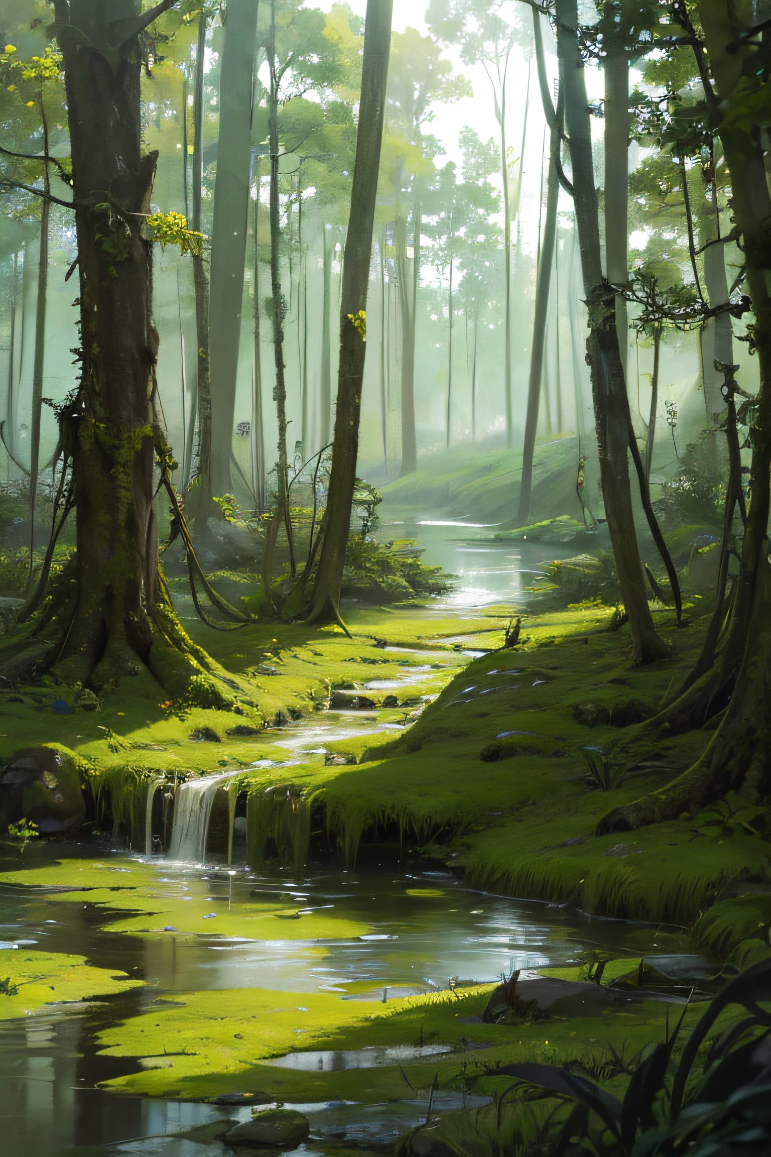 a swamp monster, with human appearance, formed by roots, plants, mosses, emerging from a river, in the middle of a forest.
