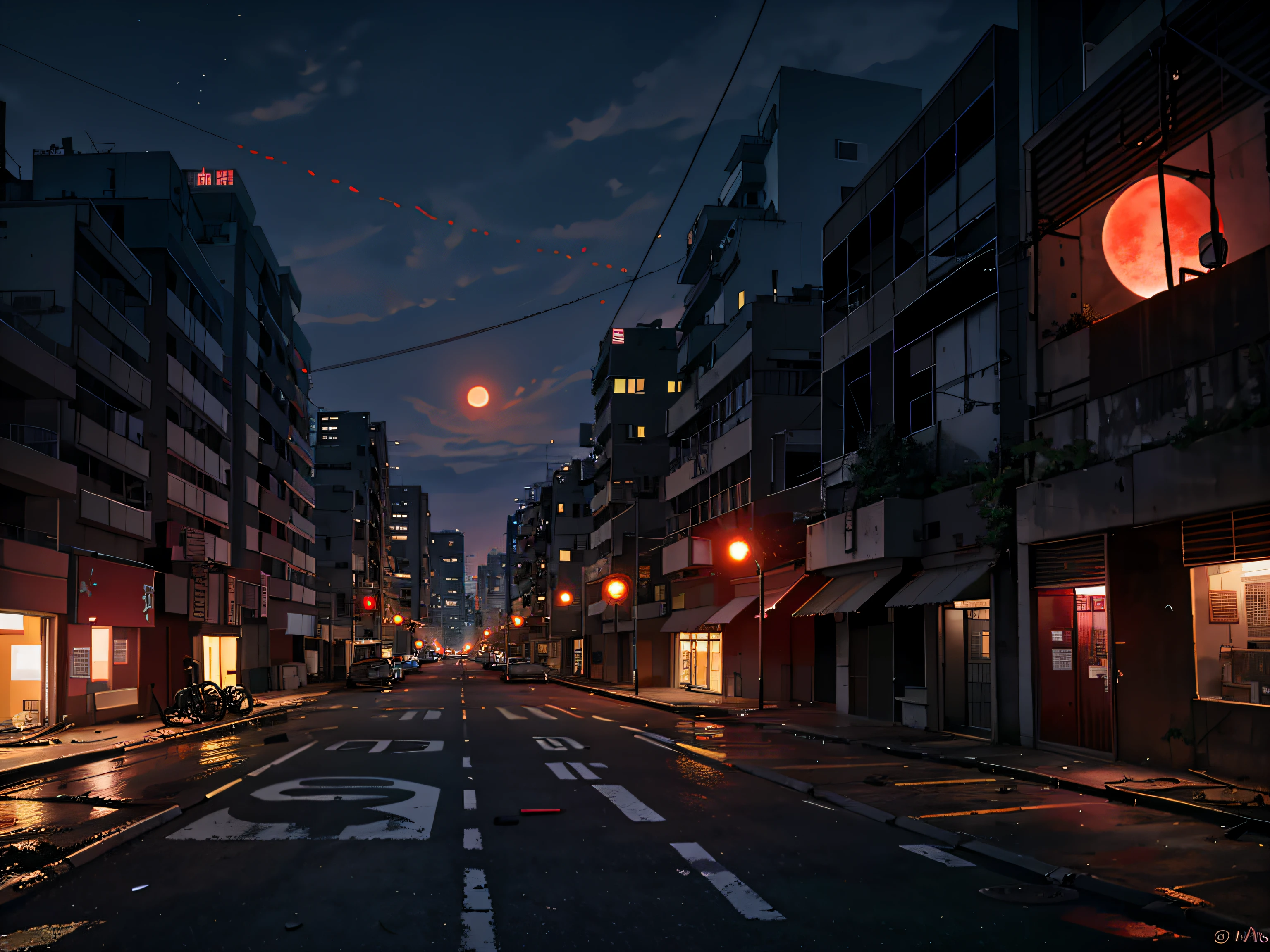 Dilapidated city streets, surrounding high-rise buildings, a full red moon