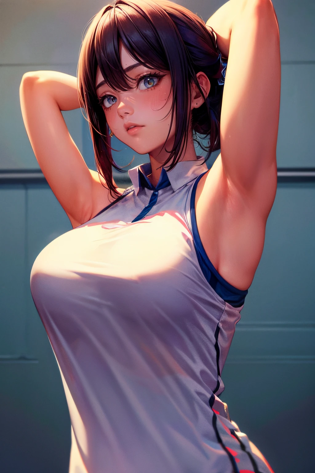 8k high resolution,detailded face,detailed bpdy,perfect body,ultra high quality,1 girl,sleeveless shirt,arms up,armpit, sweating