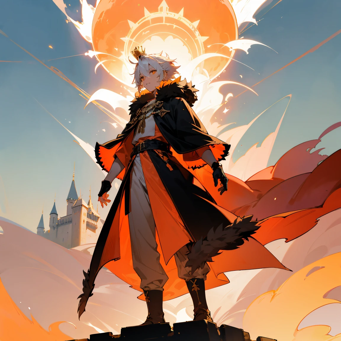 Vibrant messy spiky white hair , Golden Eyes , floating golden crown above head , Coral Pink Colored Short Cloak with fur trim , Wearing black clothing underneath , combat clothing , 1 Male , standing on a castle , sunny sky