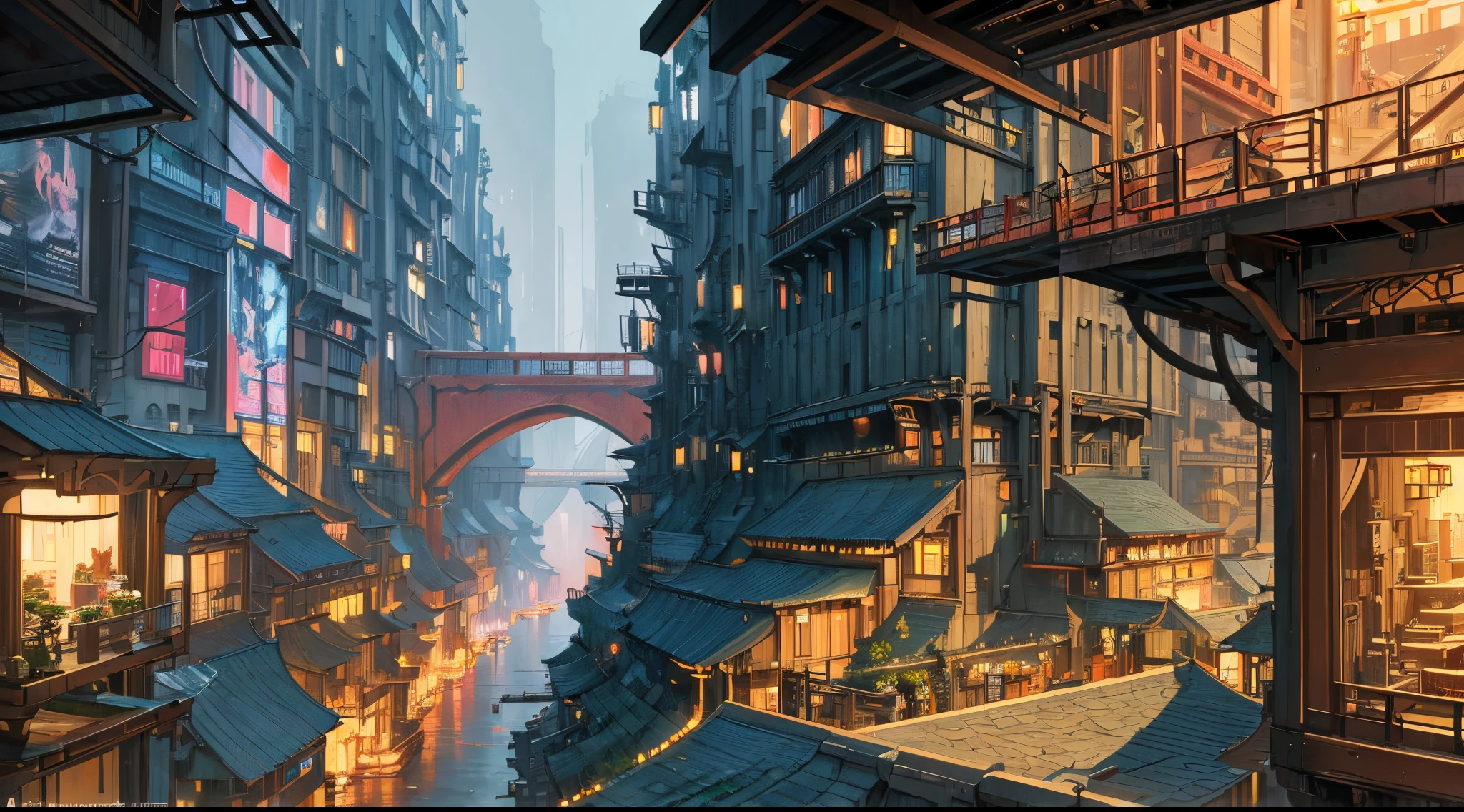 ((masterpiece)),((best quality)),((high detail)),((realistic,)) Futuristic era city, deep gorges in the middle, architectural streets, bazaars, bridges, rainy days, cyberpunk, European architecture