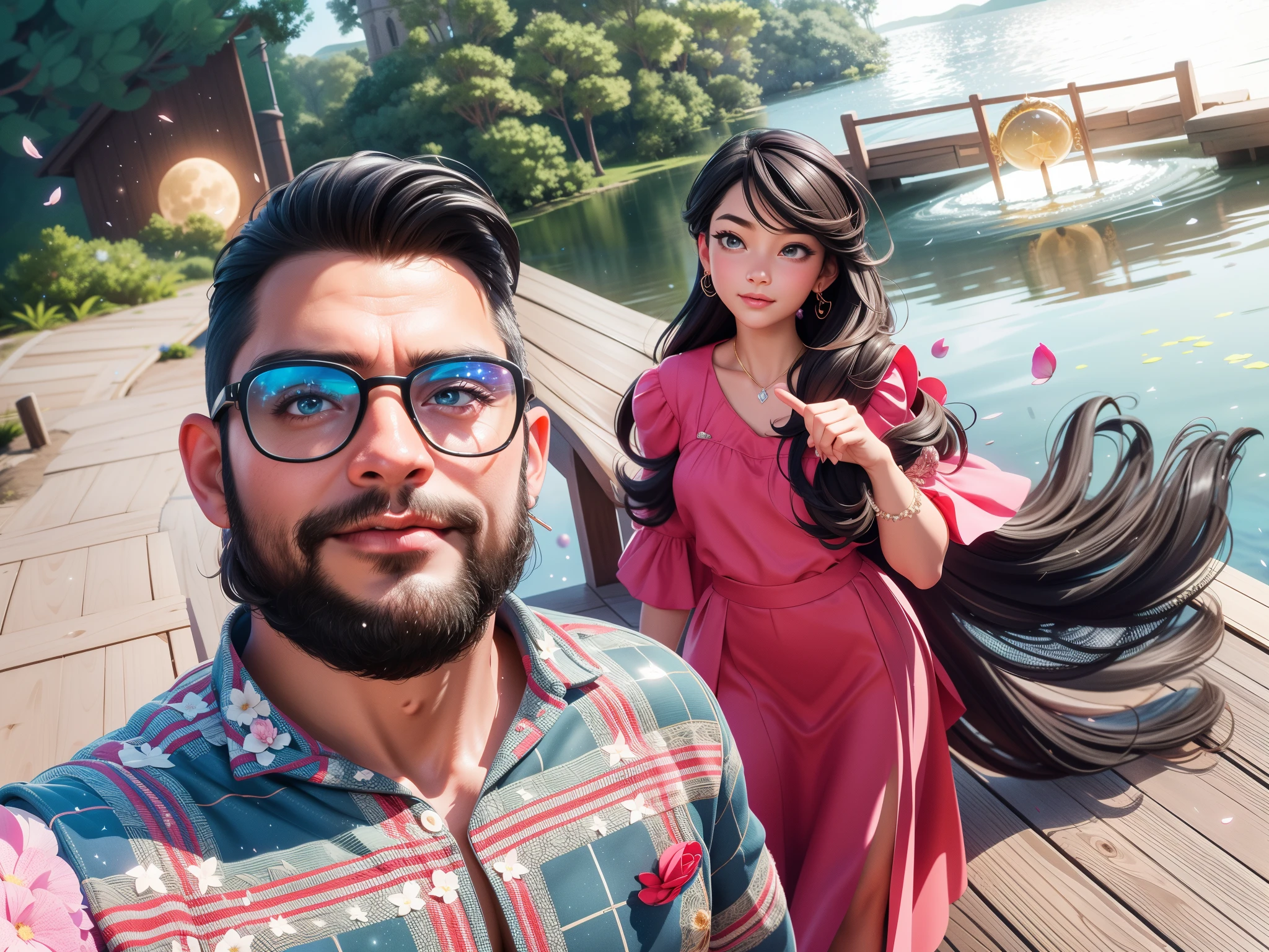 in a panoramic view，wide angles，Real-world realism，4k picture quality，Detailed description，Depiction of demeanor，Detail portrayal，(Romantic couple kissing in the wind)，Starry night、Cinderella's castle、Castle panorama，large moon、Small clouds、Moonlight、Tranquil lake，Beautiful moon reflection、Ultra-realistic scenes、detaileds、Foto realism，Starry sky at night，Fireworks bloom in the sky，Spherical flowers explode，Colorful，The meadows are full of flowers，The wind blows the petals，Normal face，