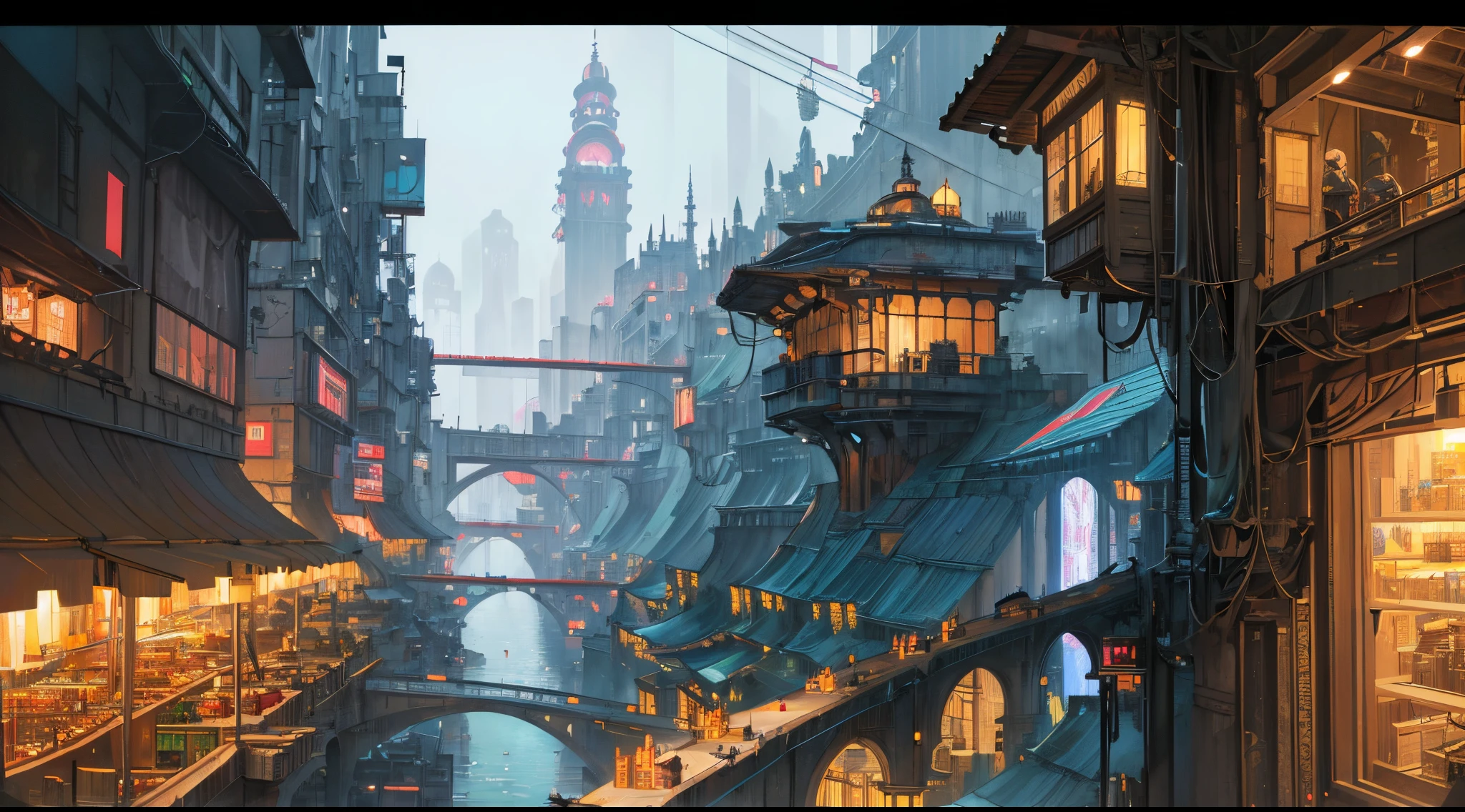 ((masterpiece)),((best quality)),((high detail)),((realistic,)) Futuristic era city, deep gorges in the middle, architectural streets, bazaars, bridges, rainy days, cyberpunk, European architecture