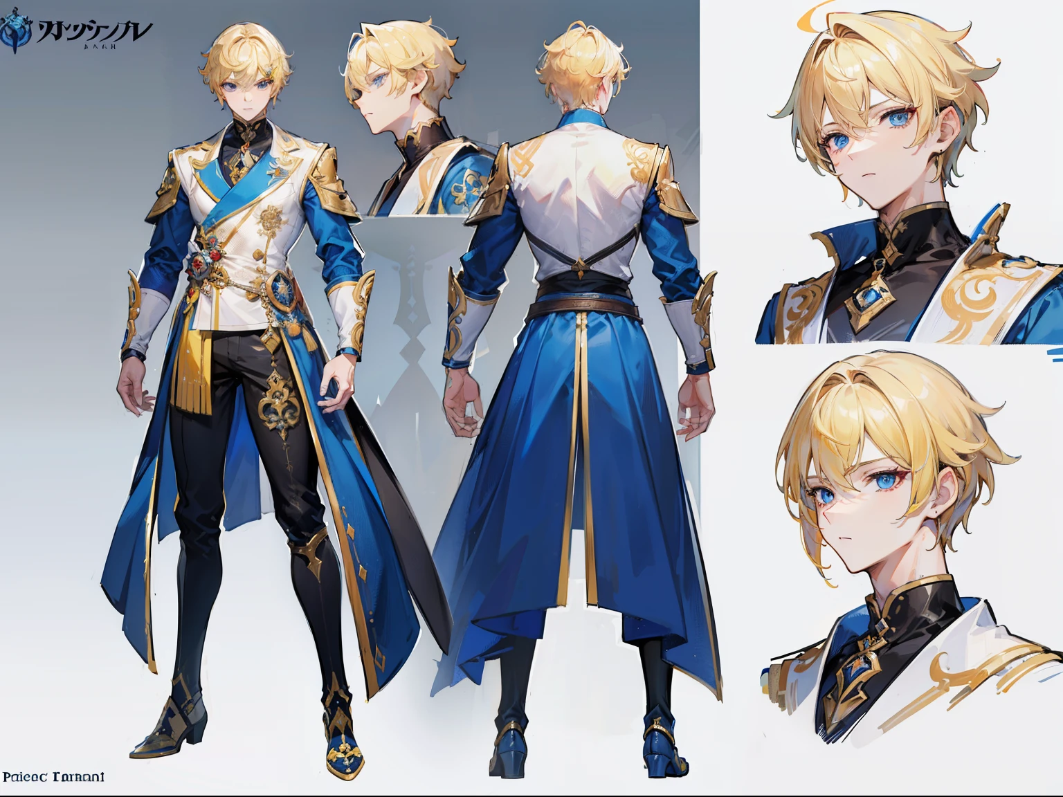((Masterpiece, Highest quality)), Detailed face, character design sheet，full body esbian, Full of details, frontal body view, back body view, Highly detailed, Depth, Many parts, Muscle boy with  yellow hair,Blue eyes, Prince Clothes, handsome man, Genshin Impact, man tall,