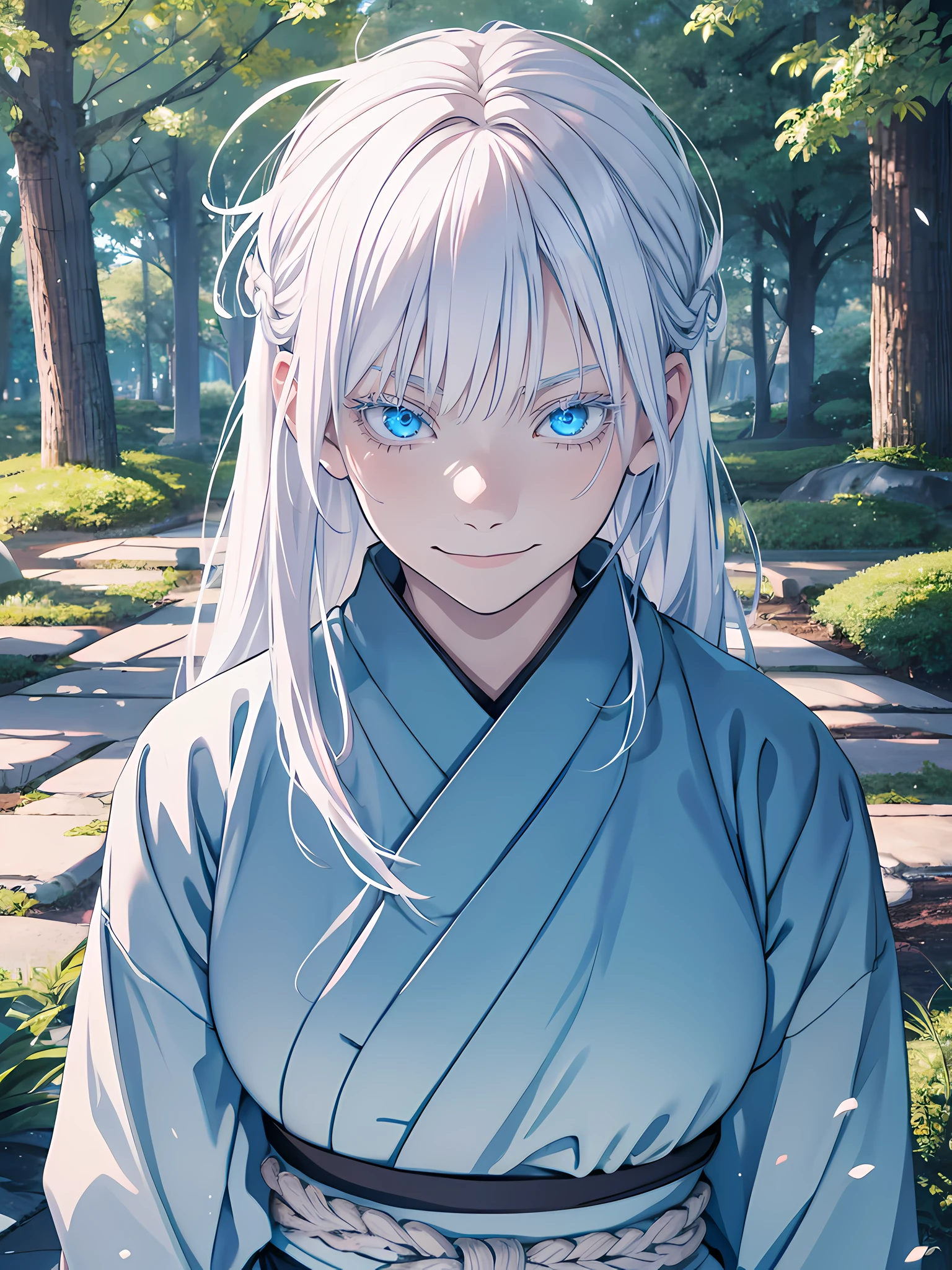 young girl,  5, famale version, female, jujutsu kaisen, solo, alone, happy, smiling white hair, bangs, long hair, white eyebrows, white eyelashes, light blue eyes, glowing eyes, weraing light blue japanese clothing, park, nature park, high quality, 4k resolution, anime