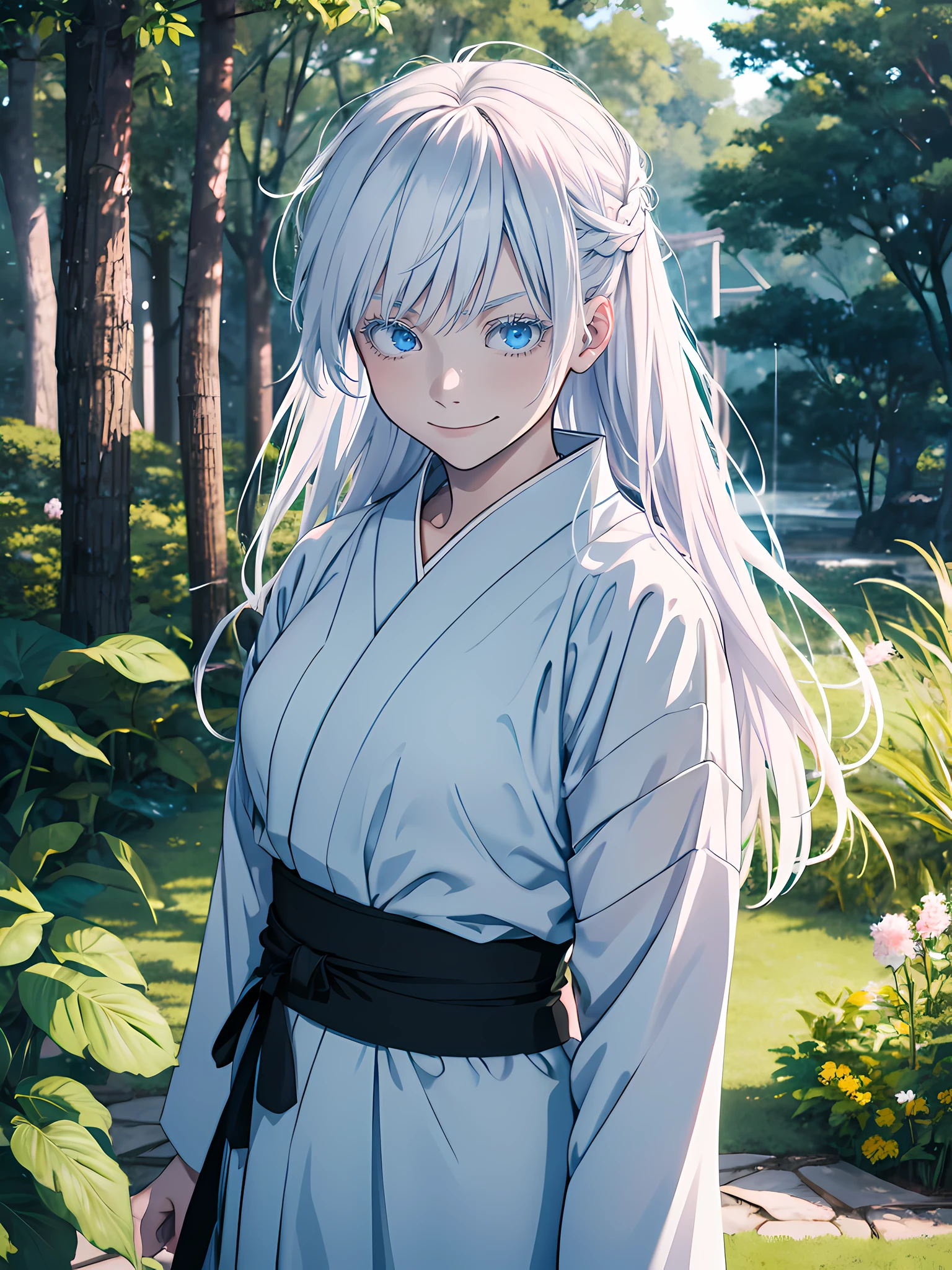 young girl, age 5, famale version, female, jujutsu kaisen, solo, alone, happy, smiling white hair, bangs, long hair, white eyebrows, white eyelashes, light blue eyes, glowing eyes, weraing light blue japanese clothing, park, nature park, high quality, 4k resolution, anime