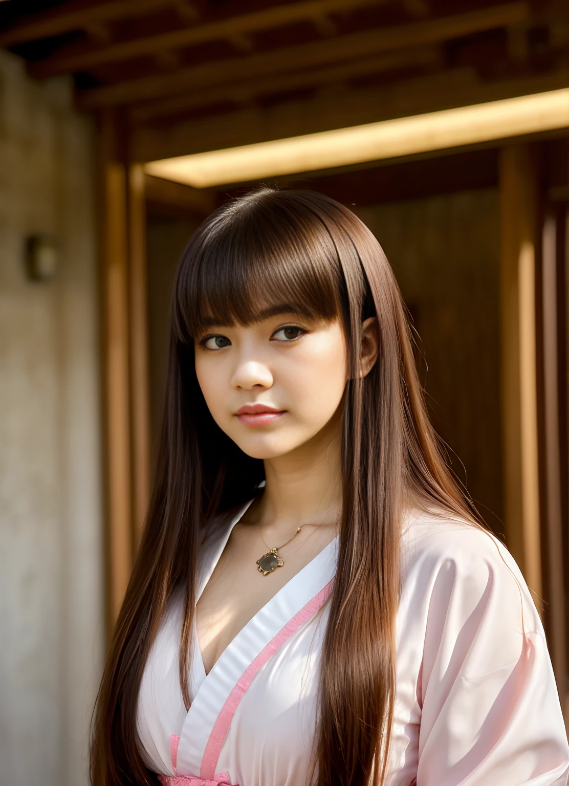 ((1girl)),((edificio)), flequillo trenzado,cola de caballo trenzada,(solamente:1.2), Cabello balck, ,Mirando al espectador, luz del sol,Hanfu, Chengqiang,