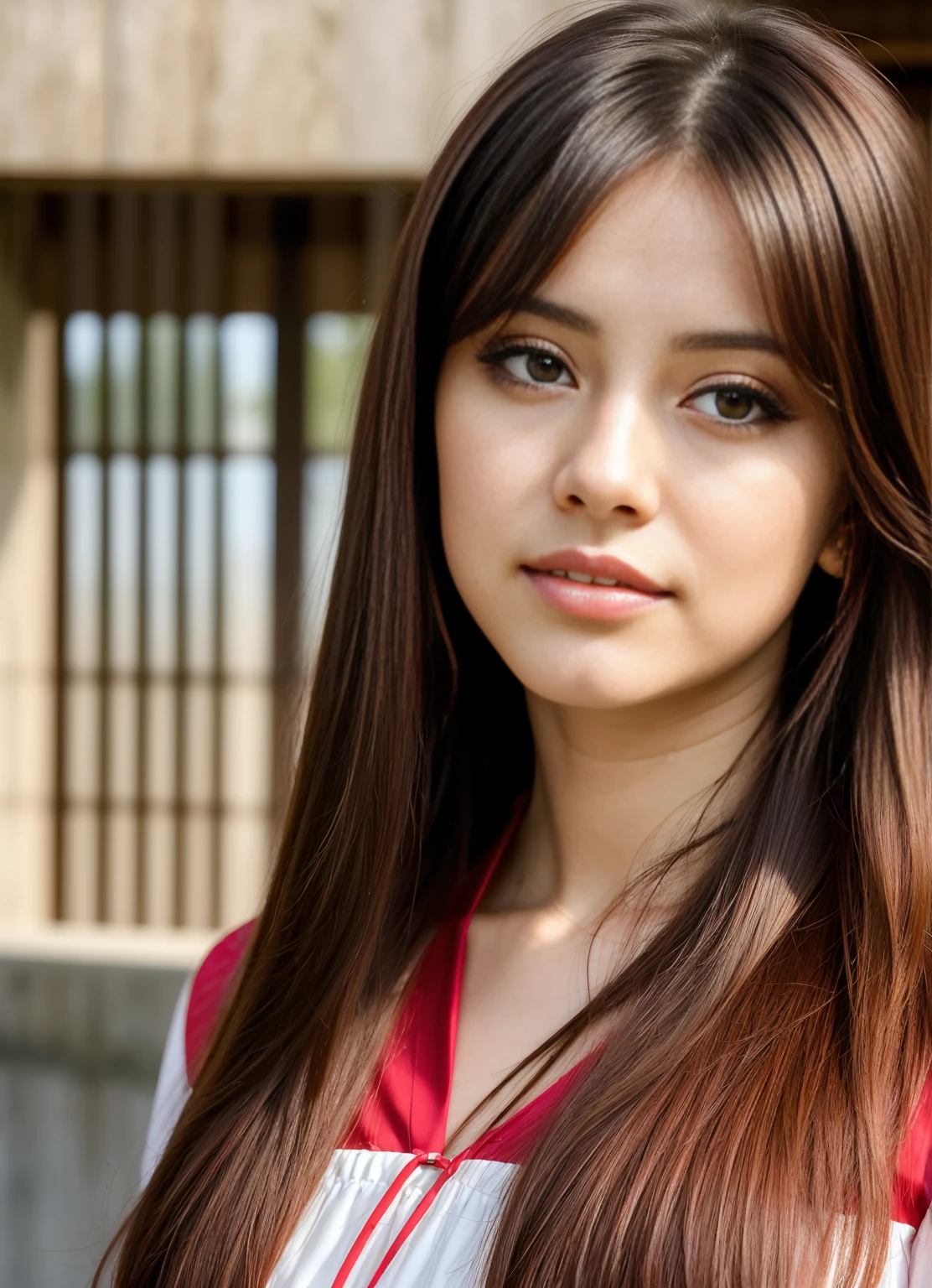 ((1girl)),((edificio)), flequillo trenzado,cola de caballo trenzada,(solamente:1.2), Cabello balck, 16yo,Mirando al espectador, luz del sol,Hanfu, Chengqiang,