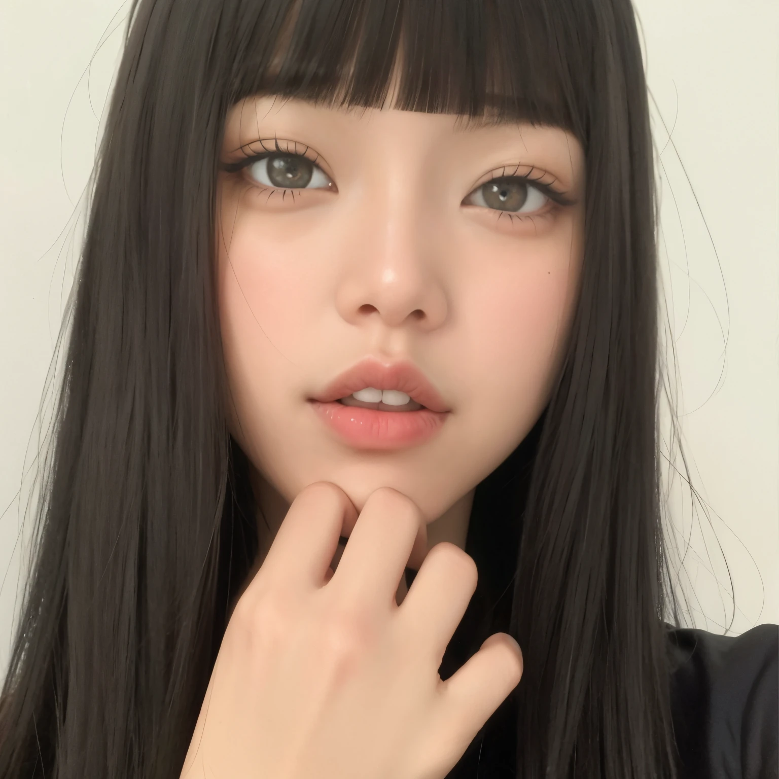 un primer plano de una mujer con cabello largo y negro y un reloj, Ella tiene el pelo negro con flequillo, flequillo recto, Cabello largo y negro con flequillo, cabello negro y ojos grandes, Cabello limpio con flequillo, cabello negro y flequillo blanco, Cabello negro Hime cortado, flequillo largo y recto, 🤤 girl portrait, con cabello largo y ojos penetrantes, El Corte Hime
