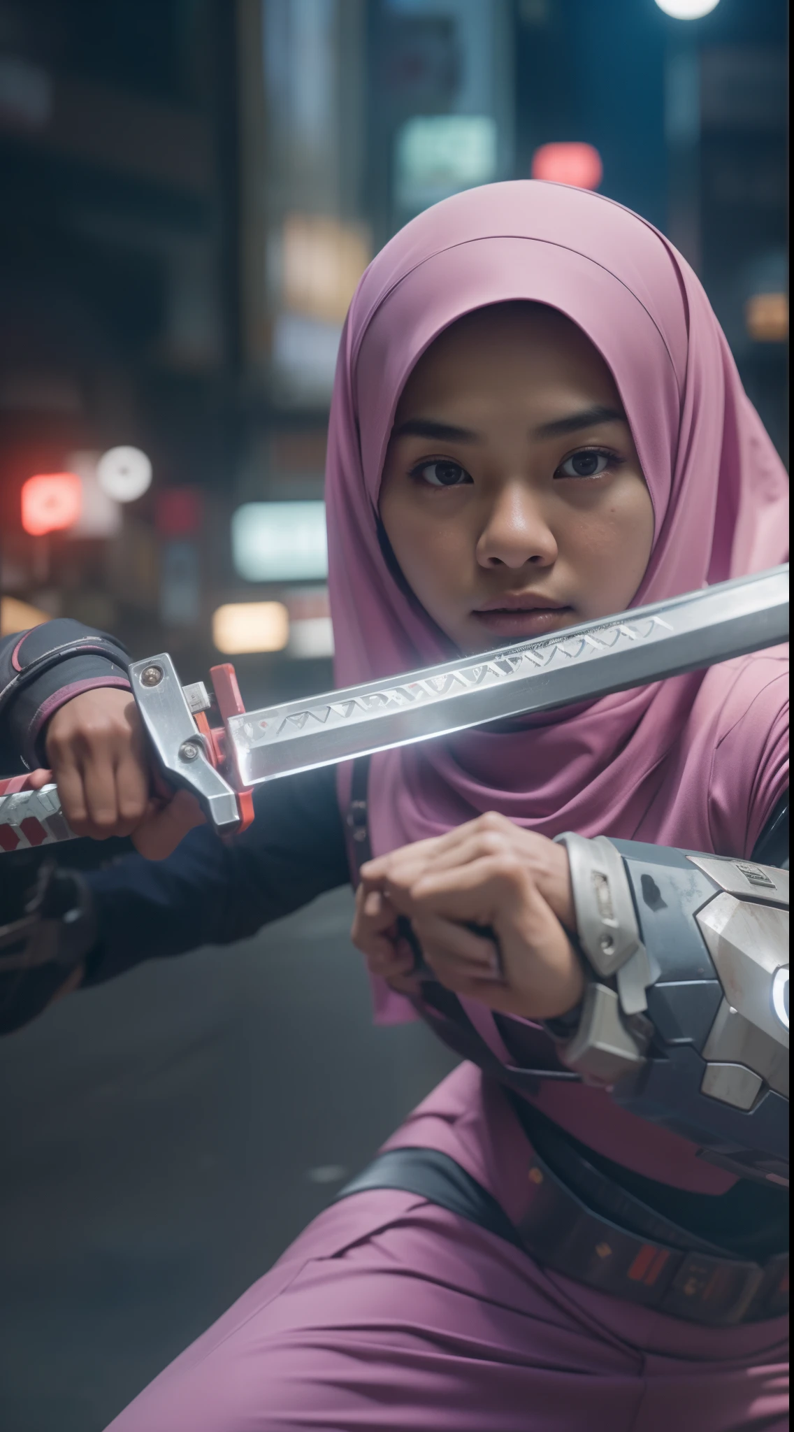 a malay age girl in hijab and mecha suit holding samurai sword in fighting pose in front of crowded bustling kuala lumpur malaysia city streets, serious face, nighttime, 35mm lens, establishing shot, pastel color grading, depth of field cinematography effect, film noir genre, 8k resolution, high quality, ultra detail