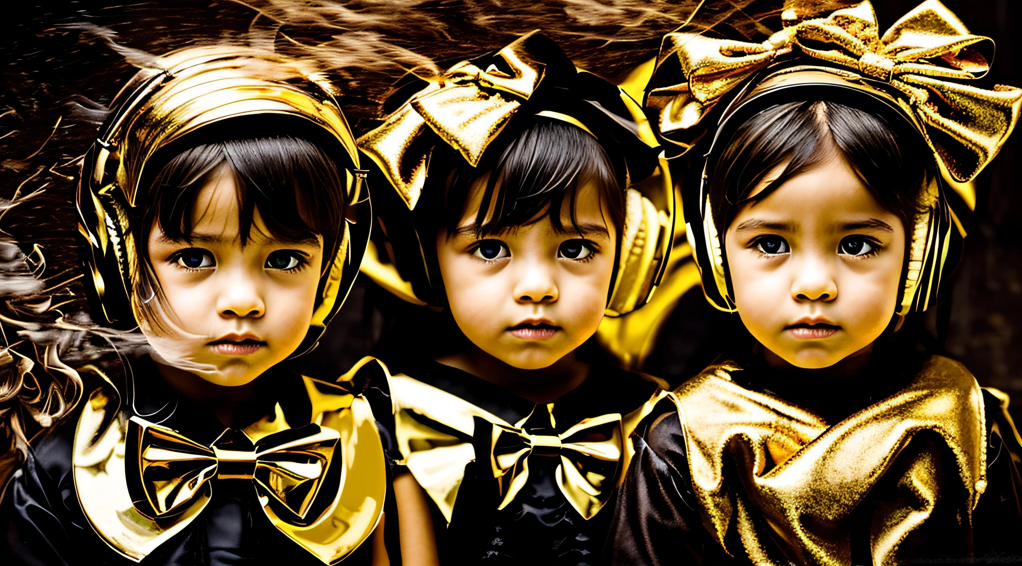 fundo preto.GOLD with bows on their heads AND HEADPHONES and one wearing a BLACK dress,GREEN Billowing smoke GREEN AND RED, portrait of twins twins BLONDIES.