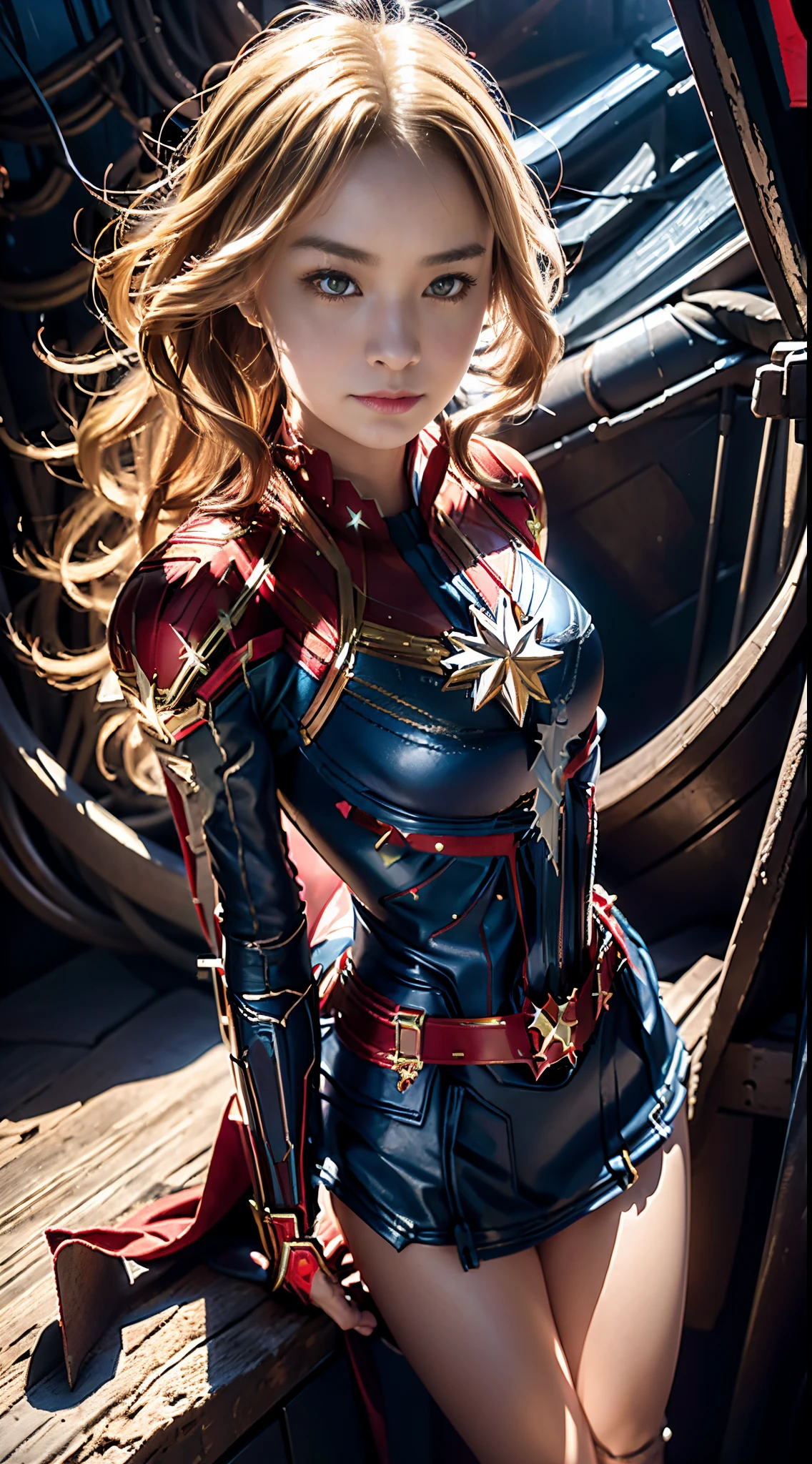 Anime girl posing in red and black leather costume , realist, ( ( Captain Marvel))、 biomechanical oppai,Erotic big ass, fanart best artstation, artgerm style, Marked cat,